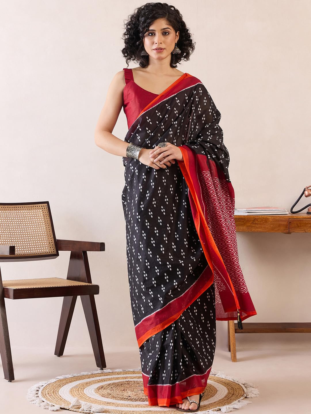 SAREE MALL Women's Black Cotton Bagh Printed Ready To Wear one Minute Saree With Blouse Piece 2
