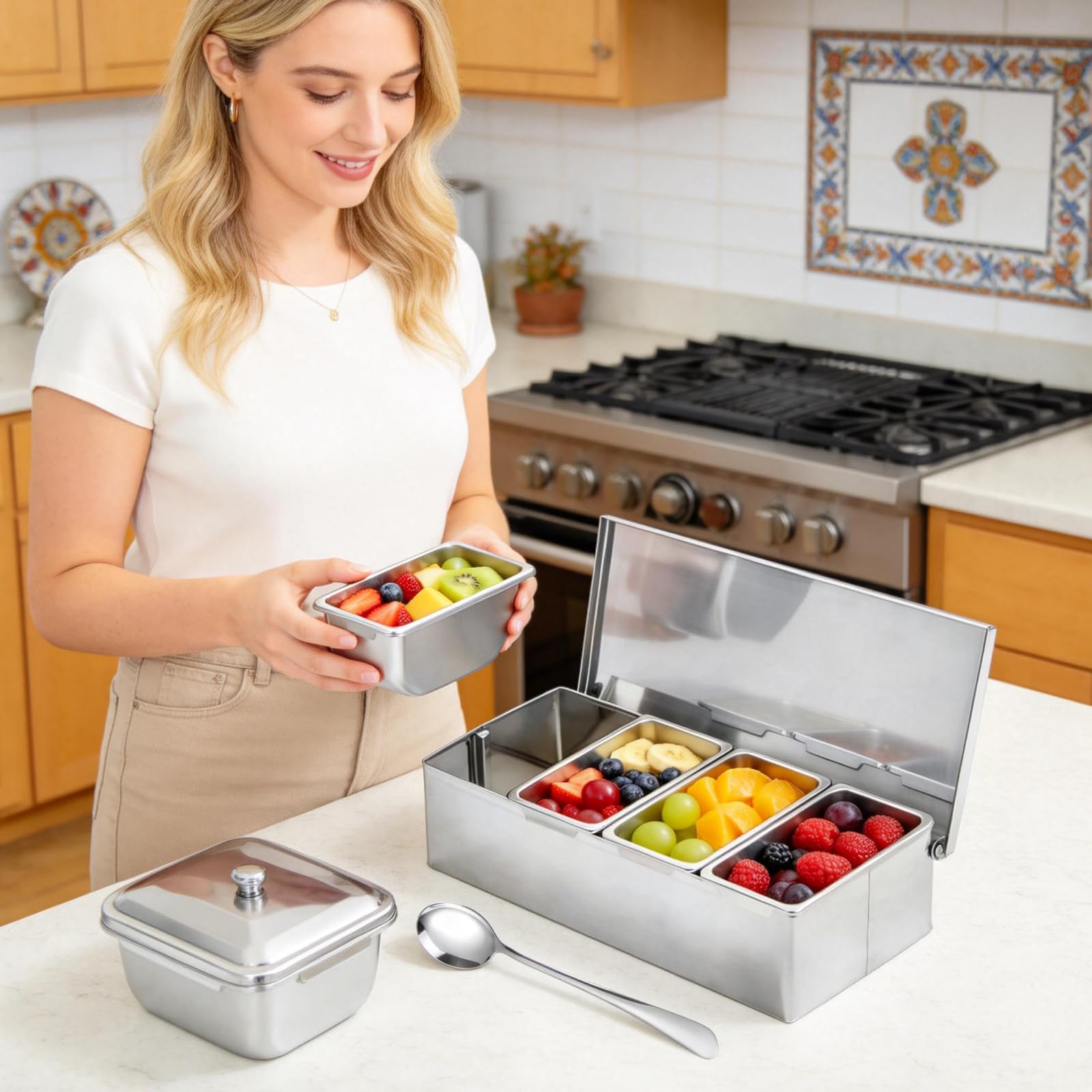 Zutatenbehälter Edelstahl, Pizza Zutatenbehälter, Gekühlter Gewürzbehälter mit Deckel und Löffel, Gewürzbox Beilagenbehälter, 4 Gitterx450ml Edelstahl Behälter für Buffet Salatbar Gastro PizzaStation