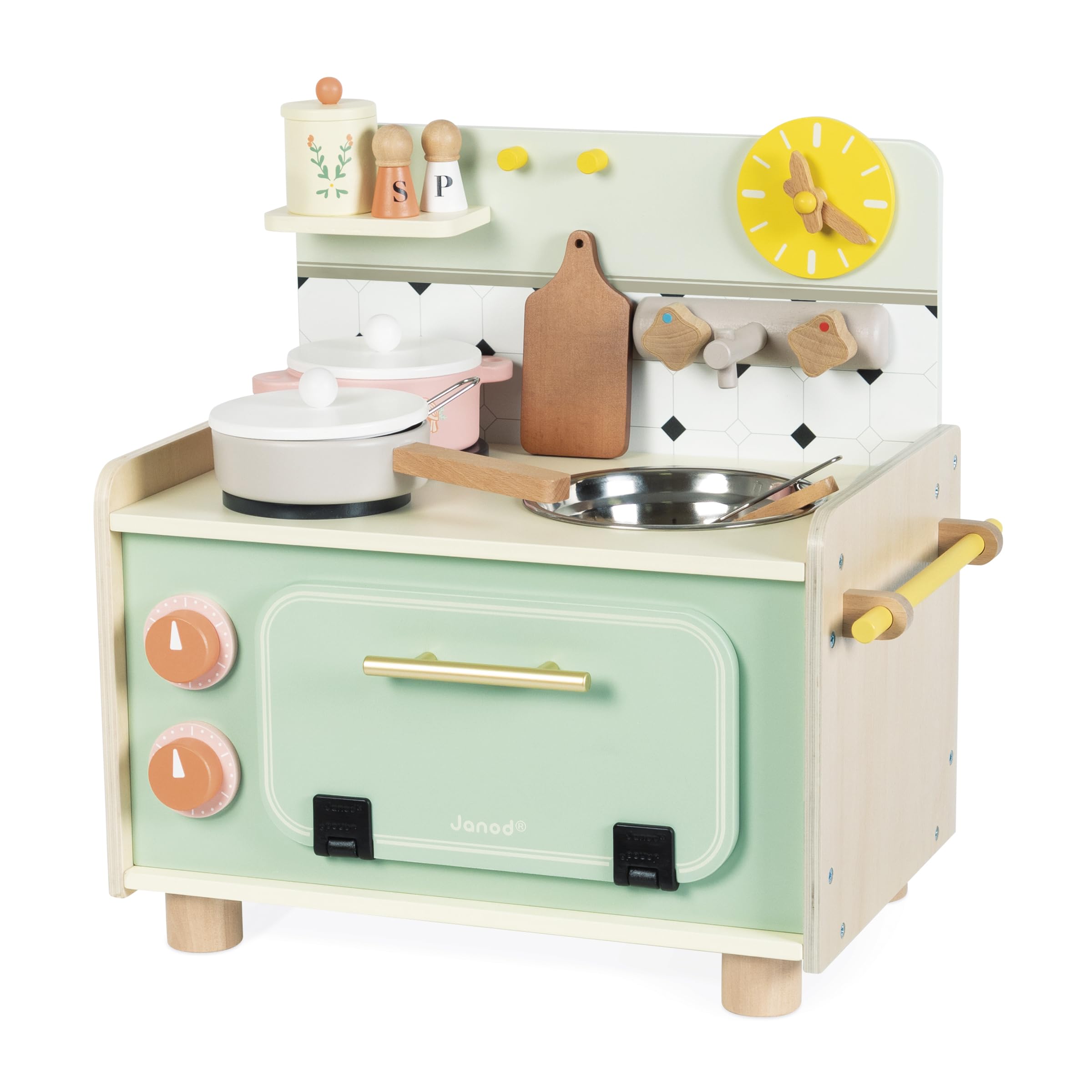Janod - Cocinita Infantil de Madera - Minicocina Infantil - Equipada con Horno, Fregadero y 10 Accesorios Incluidos - Botones Sonoros Giratorios - Juguete de Imitación - A Partir de 2 años