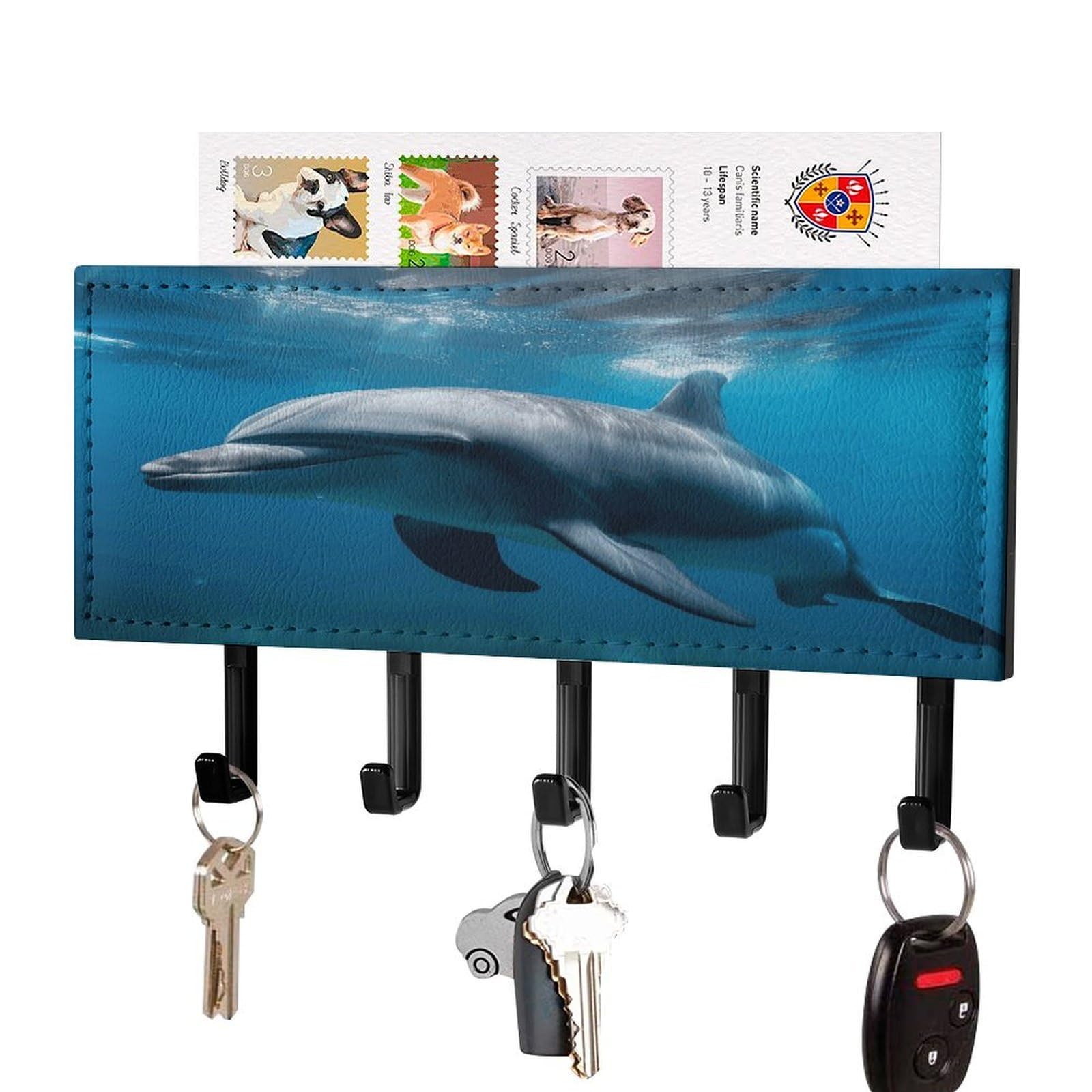 FekiLoot Dolphins in The Ocean1 Key Holder for Wall Decorative Mail Organizer with 5 Key Hook Self Adhesive Key Rack with Tray Coat Rack Wall Mount Key Hanger Decor for Entryway Door