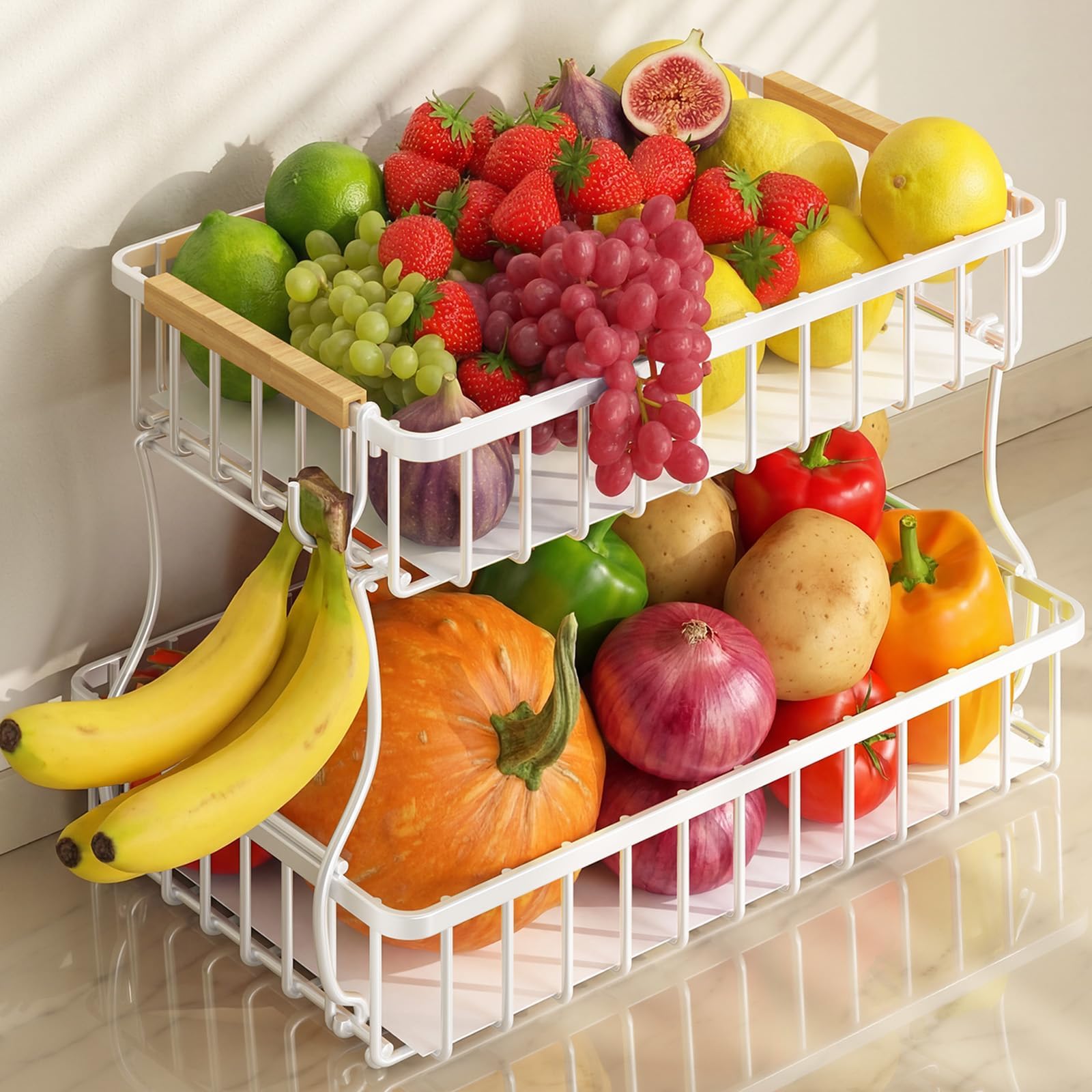 Photo 1 of 2 Tier Fruit Basket for Kitchen Counter with 2 Banana Hangers, Detachable Fruit Holder with Wooden Handle, Metal Fruit Bowl with Protective Mats for Vegetables Bread Snacks Produce Storage White