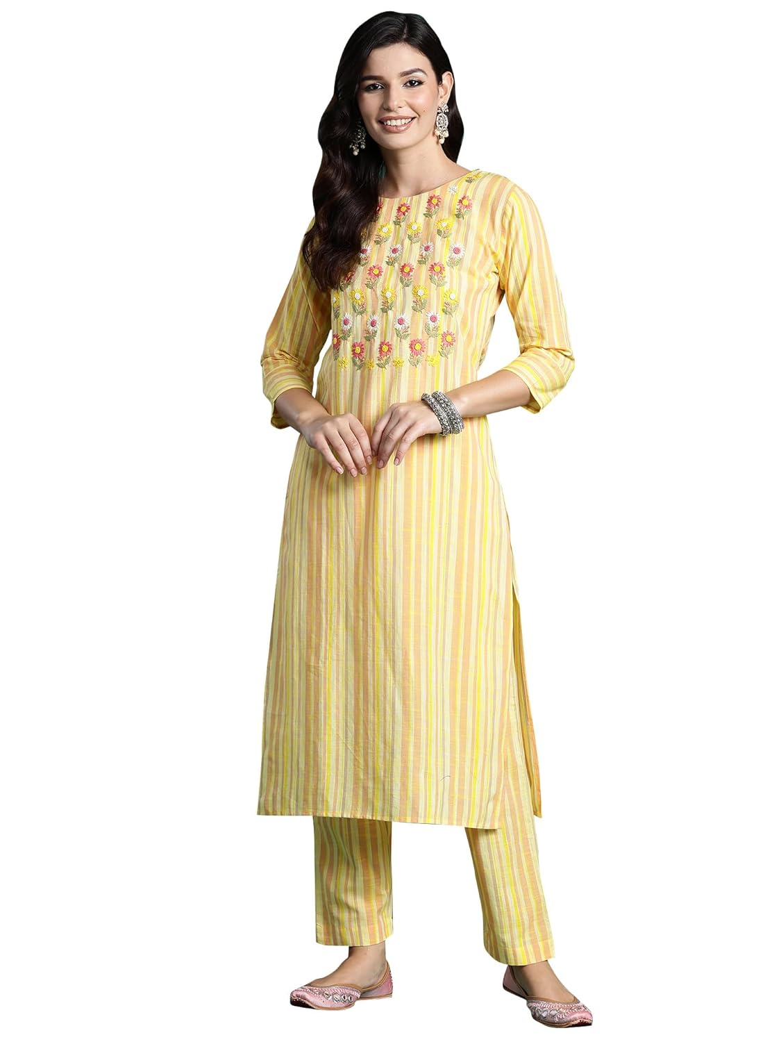 INDO ERA Women’s Pure Cotton Embroidered Straight Kurta & Pant Set (KS0MT6804)