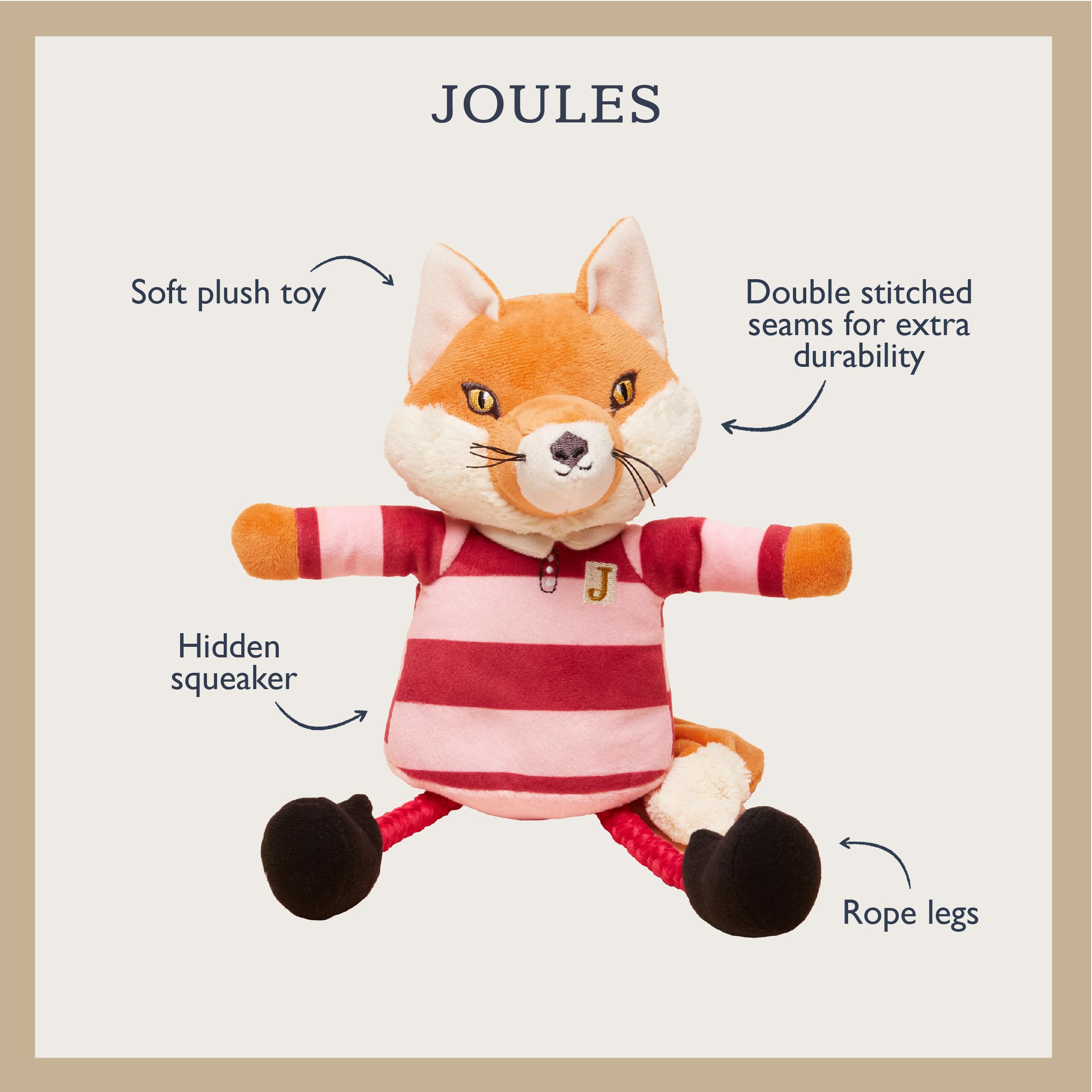 Rosewood x Joules Jonty Rugby Fox Dog Toy, Soft Plush Fox with Rope Legs and Hidden Squeaker, Durable Double-Stitched Seams - Image 2