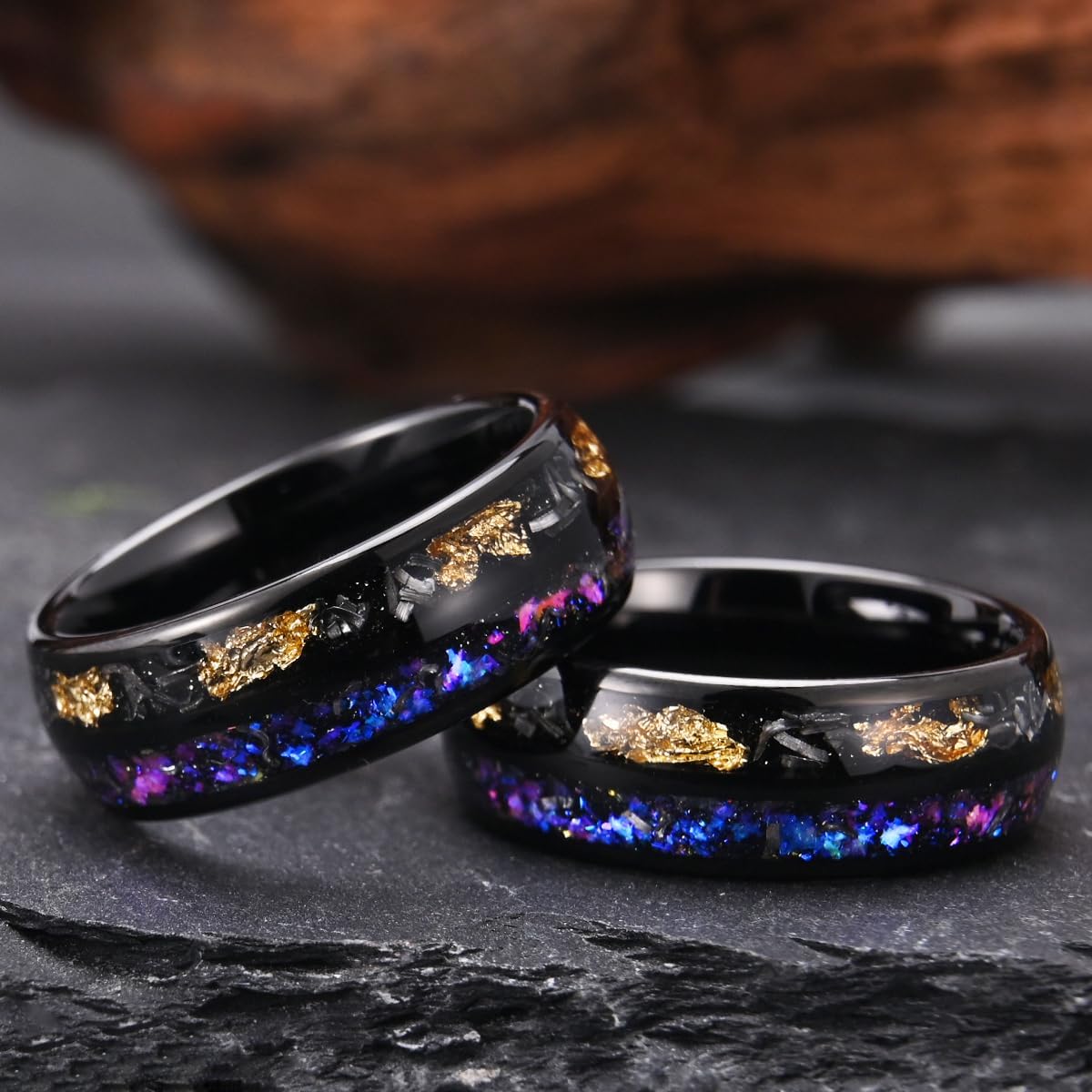 Tungsten Carbide Rings for Men Women 8mm Inlaid Nebula Opal and Gold Foil Men's Engagement Wedding Bands Fashion Luxury and High Polish