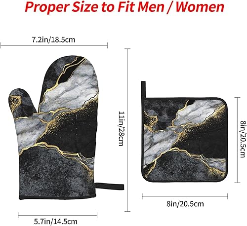 Miniatura 3 de Juego de 4 manoplas de horno y soportes para ollas, guantes de cocina de mármol negro y dorado, resistentes al calor, antideslizantes, para chef,