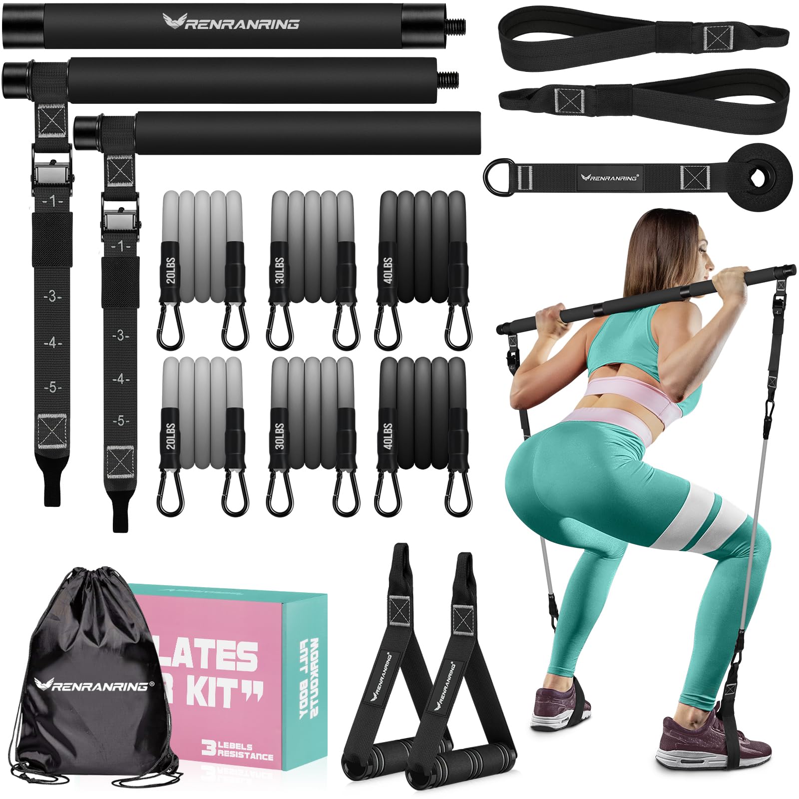 Pilates Bar Kit with Resistance Bands, Multifunctional Yoga Pilates Bar with Heavy-Duty Metal Adjustment Buckle for Women & Men, Home Gym Pilates Resistance Bar Kit forFull Body Workouts