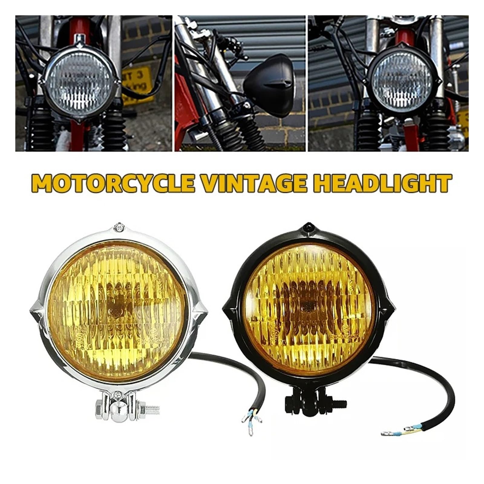 Fari Anteriori Per Moto Faro Vintage Per Motocicletta Per Cafe Racer Custom Bobber Fari Retrò Alogeni Evidenzia Giallo Bianco(B)
