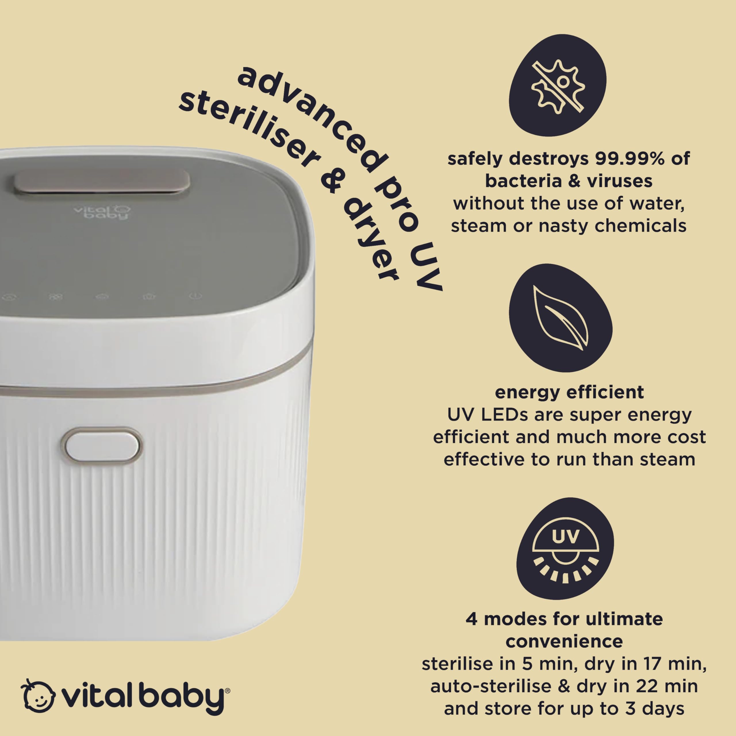Vital Baby UV Babyflasche Sterilisator & Trockner Elektrischer Sterilisator für Flaschen, Milchpumpen, Schnuller & Zubehör Kein Wasser, Dampf oder Chemikalien - 5 Minuten Schnellzyklus, tötet 99,99%