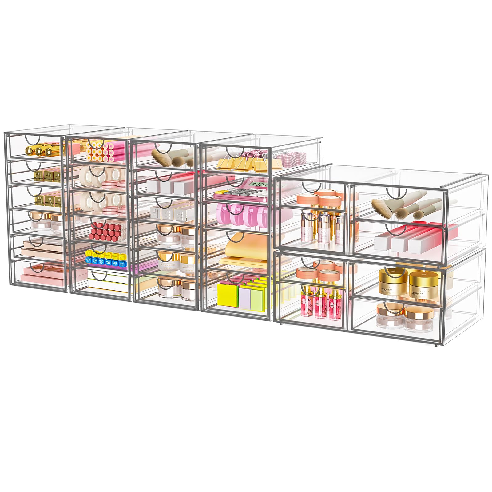 Acrylic Makeup Organizer with 31 Drawers, 6 Pack Clear Storage Drawers, Bathroom Makeup Organizer for Palettes, Cosmetic, and Beauty Supplies,Ideal for Vanity, Cabinet,Desk Organization