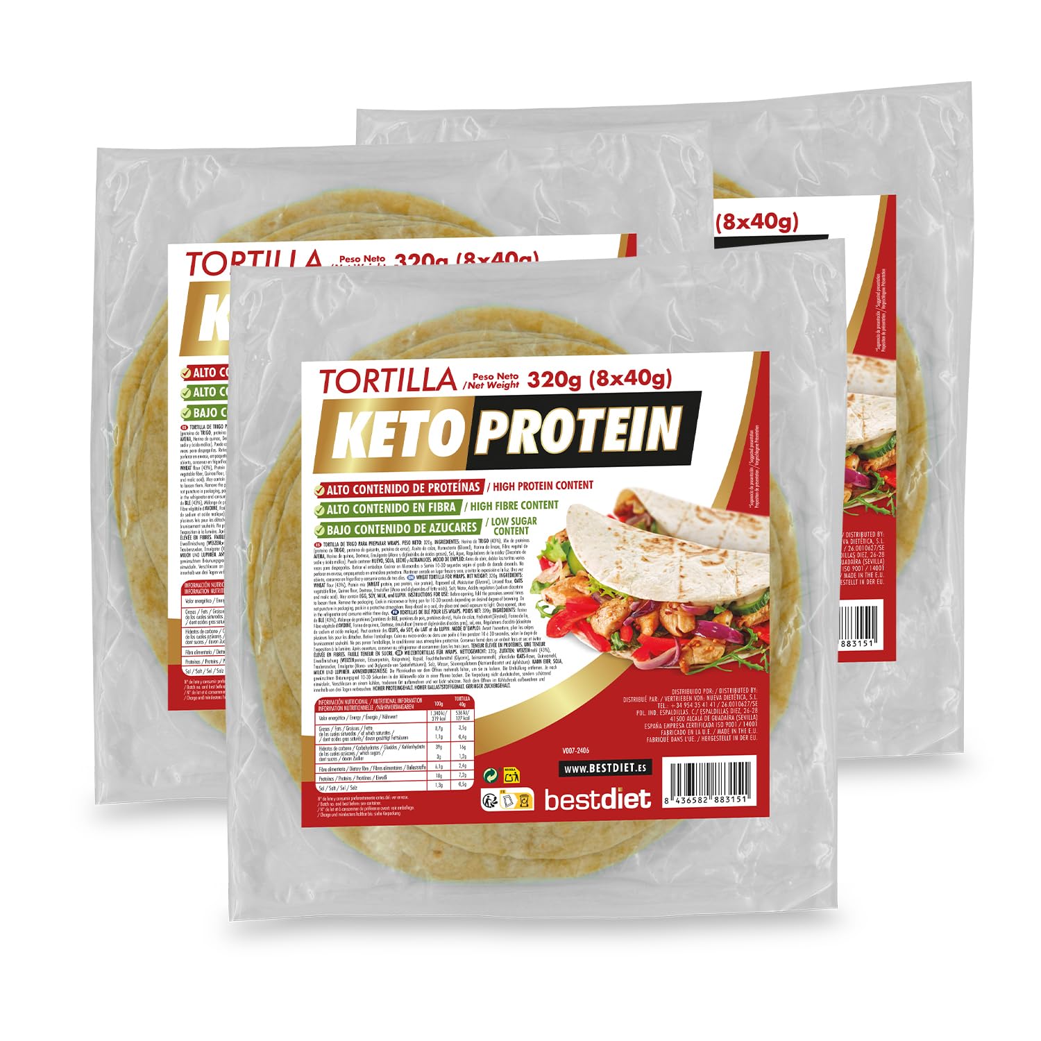 BestDiet Keto Protein Tortillas de blé -35% glucides, 22% protéines, 3 paquets 8 tortillas mexicaines 320g