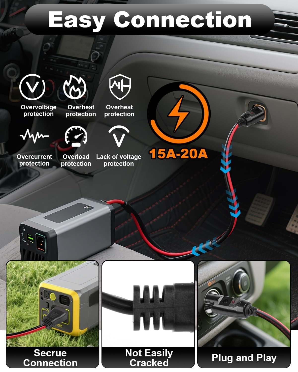 Adapter 12 V/24 V DC XT60 do ECOFLOW, ładowarka samochodowa 3M do XT60 dla DELTA Delta 3 2 Max Bluetti EB55 Anker 757 767 SOLIX C200 C300 C1000 stacja zasilająca generator słoneczny XT60 wtyczka 16AWG