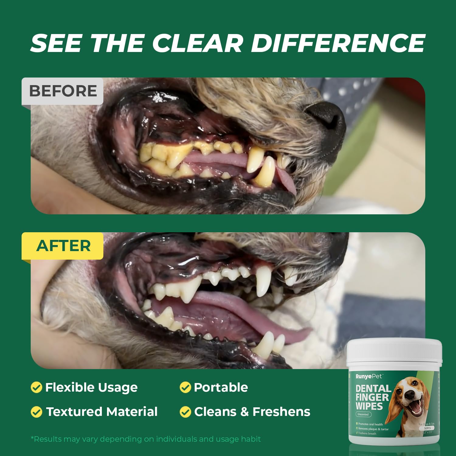 Pet Dental Finger Wipes for Dog & Cats, Remove Bad Breath by Removing Plaque and Tartar Buildup No-Rinse Dog Finger Toothbrush, Disposable Gentle Cleaning & Gum Care Pet Wipes, 50 Counts - image 3
