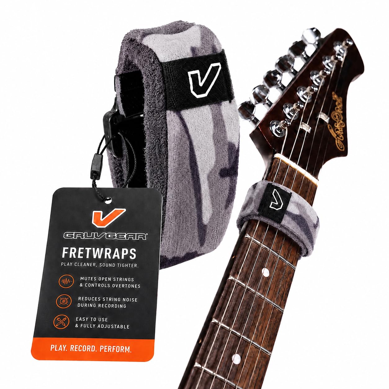 Gruv Gear Fret Wrap &amp; Guitar Mute, Fretwrap for Acoustic, Electric &amp; Bass | String Dampener Recording, Tapping &amp; Practice Accessory (1 Pack, Large Camo White, Fits 6 String Bass, 8 String Guitar)