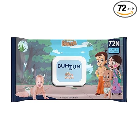 Bumtum Baby Chota Bheem Gentle Soft Moisturizing Wet Wipes With Lid | Aloe Vera & Chamomile Extracts | Paraben & Sulfate Free (Pack of 1, 72 Pcs. Per Pack)