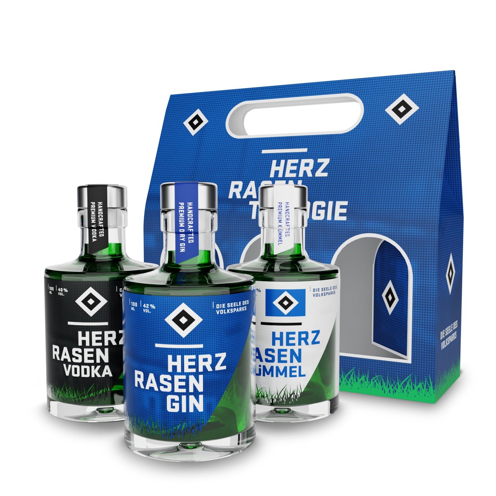 HERZRASEN HSV Geschenk Trilogie Set 3x 100 ml Gin Vodka Kümmel Hamburger Alkohol Geschenkset mit echtem Volksparkstadion Rasen - Premium Geschenke Box