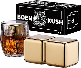 2 Large 64cm³ Whiskey Stones - Reusable Stainless Steel Metal Ice Sphere Cubes Beverage Chilling Rocks Whiskey Stones for Red Wine, Bar Beer, Scotch, Vodka Drinks - Gold