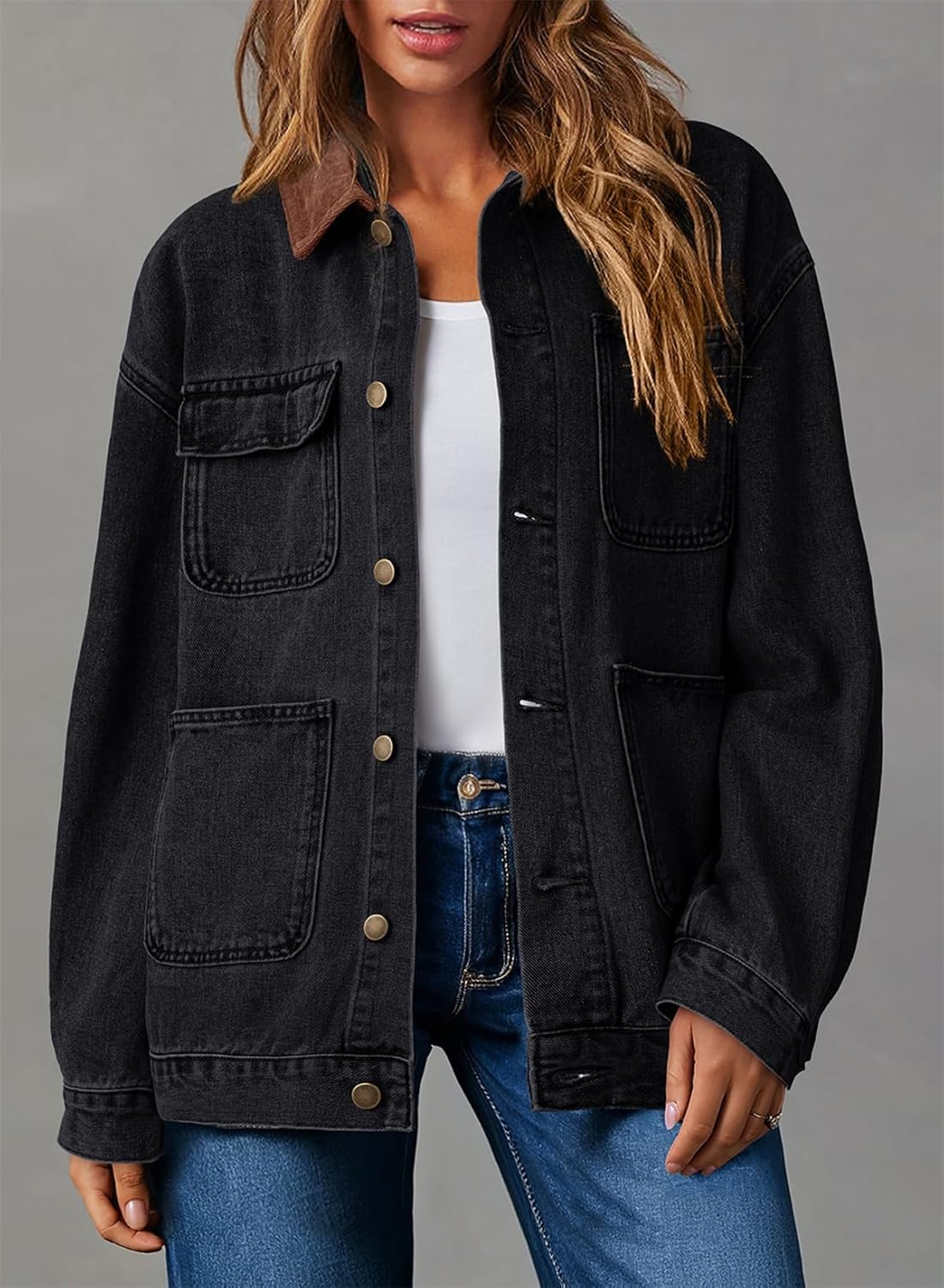 Dokotoo Jean Jacket Women Trendy Fall Fashion Long Sleeve Denim Jacket Corduroy Collar Barn Jackets Oversized Coat 2025 - Image 5