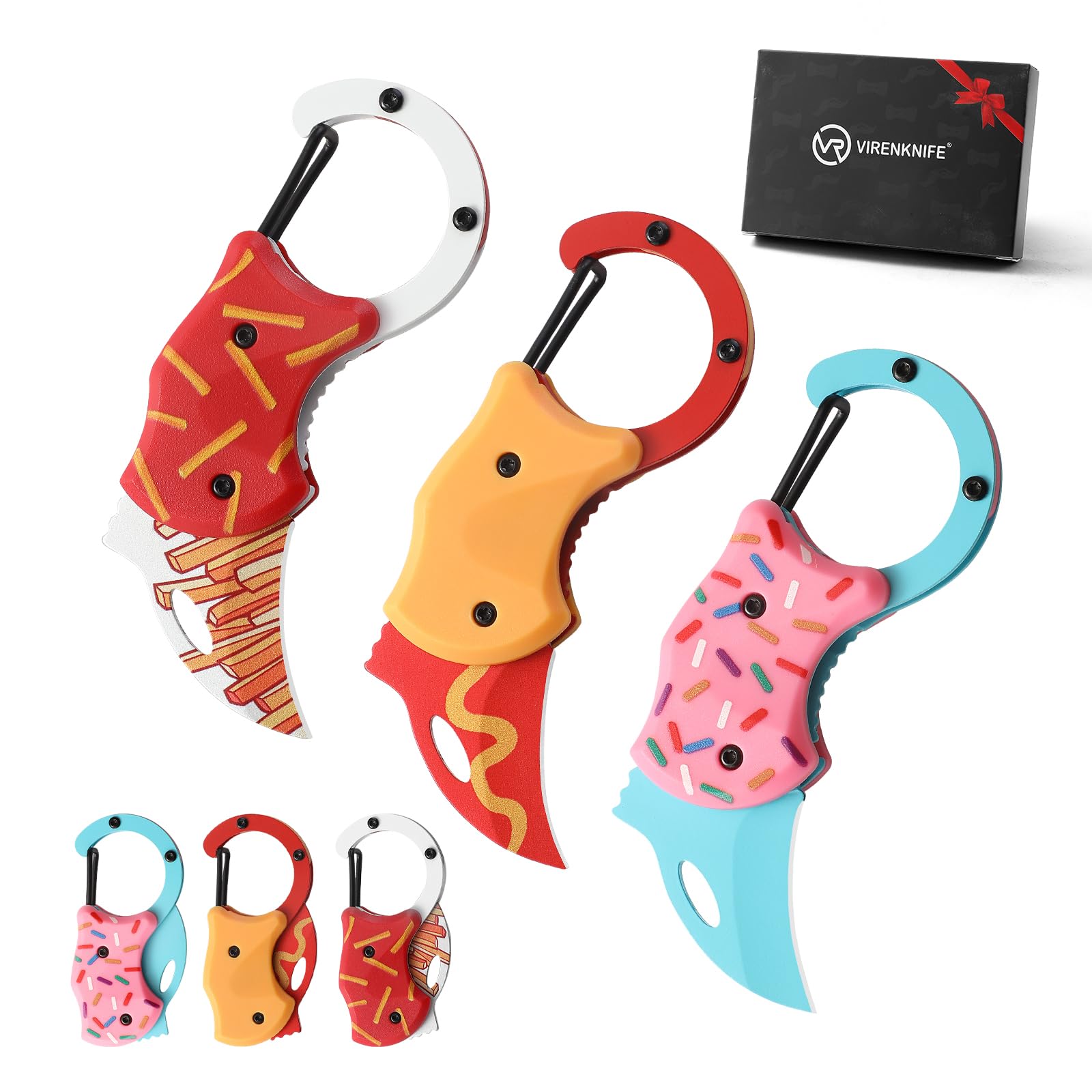 3 Pack Small Pocket Knife Gifts for Men &amp; Women, Cool Folding Knife Box Cutter, Mini EDC Knives for Everyday Carry (Donut、Fries、Hot Dog)
