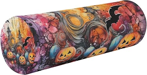 Miniatura 1 de JUNZAN Happy Halloween Watercolor Pumpkin Bat Yoga Meditation Bolster Pillow Down Neck Roll Pillow Round Pillow Insert for Lower Back Support