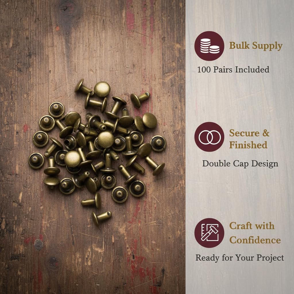 100 Pieces of Rivets for Leather, Double Sided Rivets in Bronze, Tubular Metal Studs for DIY, Leather Crafts, Bags, Shoes, Decoration and Repairs, 8 × 8 mm