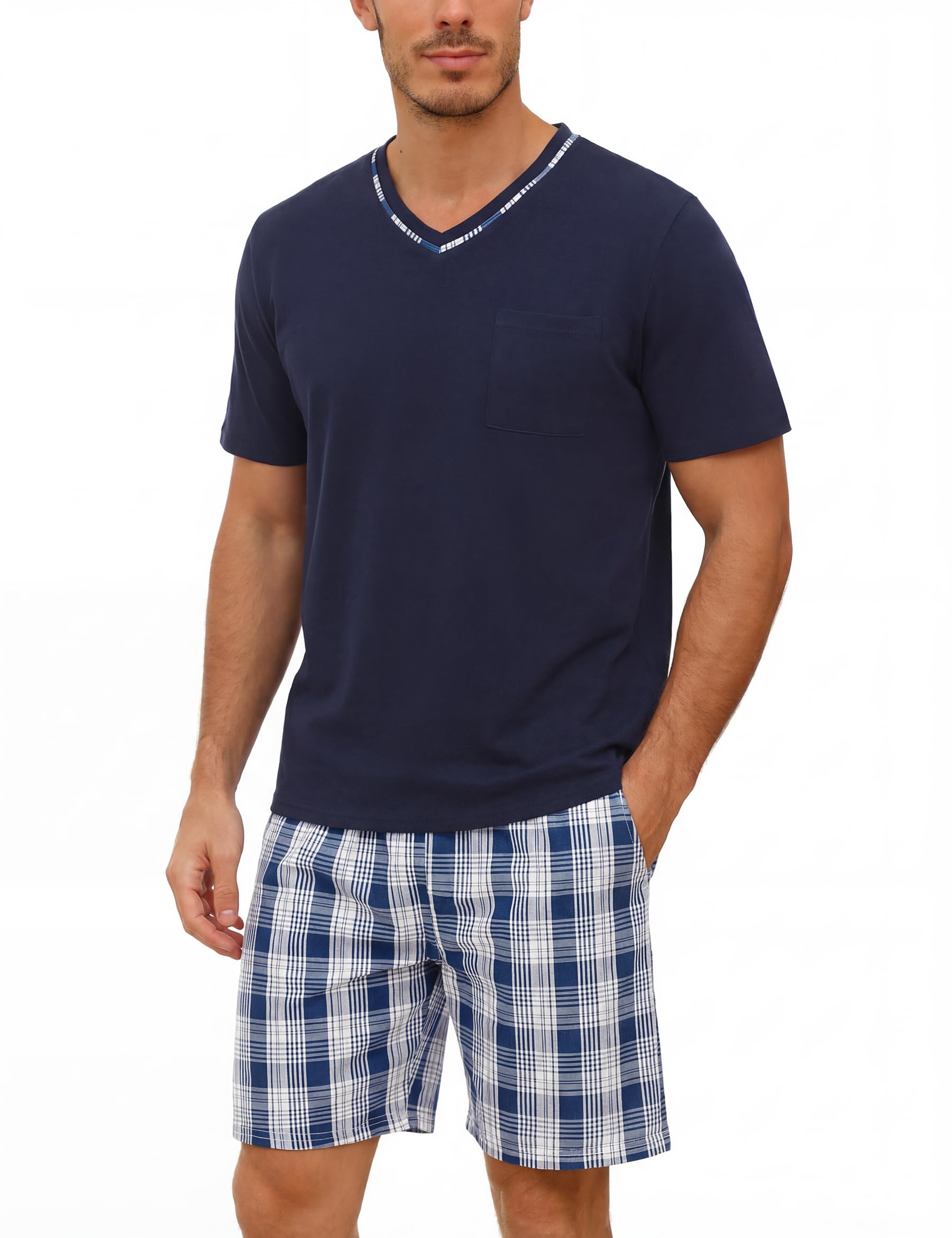 Demegimi Schlafanzug Herren kurz V-Auschnitt kurzer Pyjama Baumwolle Sommer Shorty Pyjama Kurzarm T-Shirt mit Karierter Schlafanzughose
