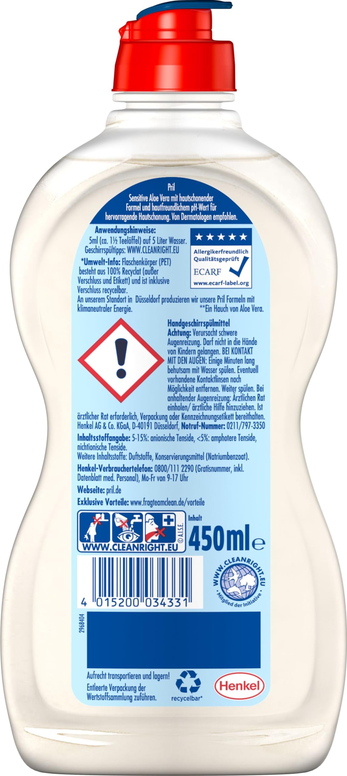 PRIL Sensitive Aloe Vera (16x 450 ml), Handgeschirrspülmittel mit hoher Fettlösekraft, für sauberes Geschirr auch in kaltem Wasser, pH-hautneutrale Formel