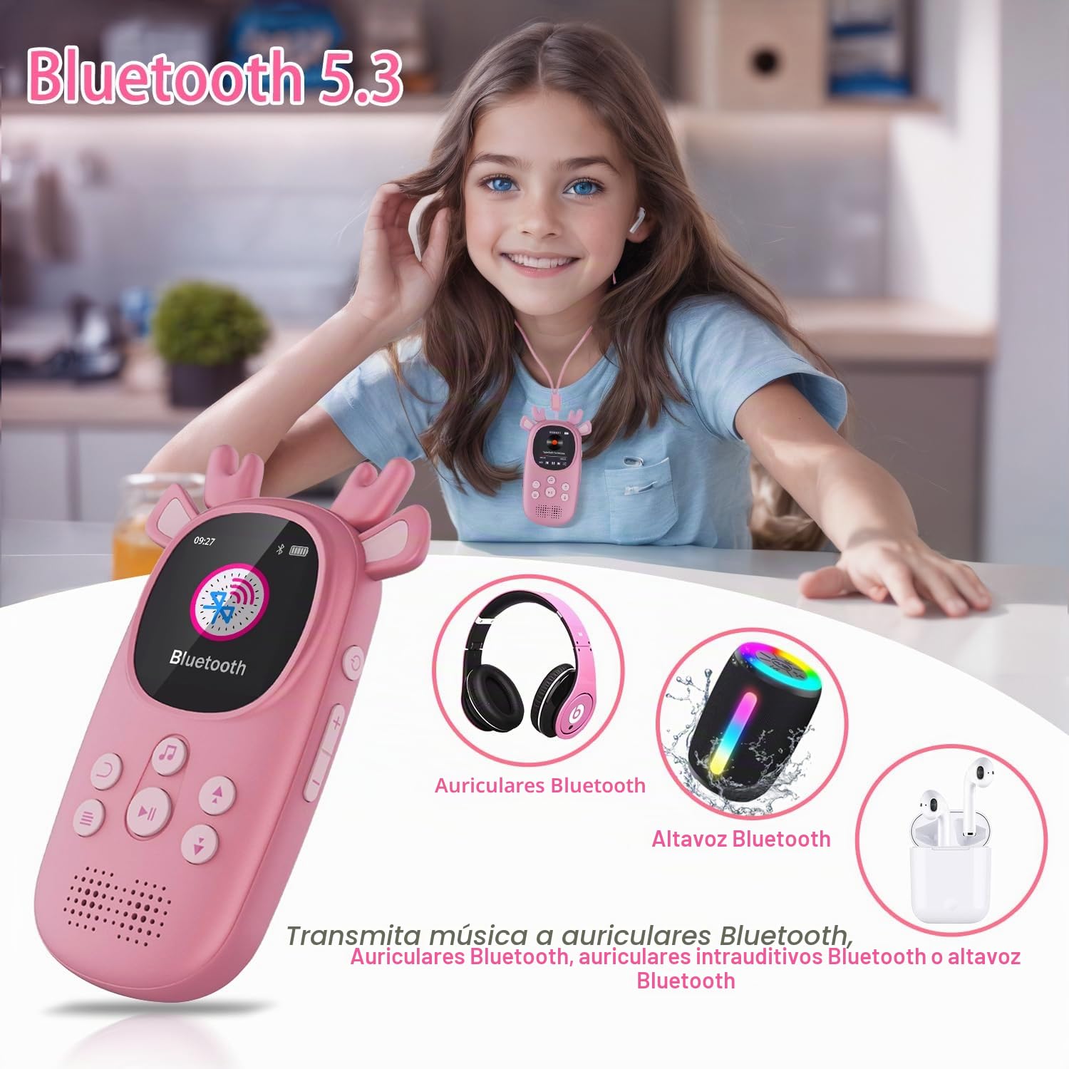 CCHKFEI Reproductor de MP3 para Niños de 64GB con Bluetooth de 5.3,1,8 Pulgadas, Bluetooth Reproductor de MP3 con Auriculares Reproductor Música Altavoces con Radio FM,Grabación,Podómetro,Cronómetro