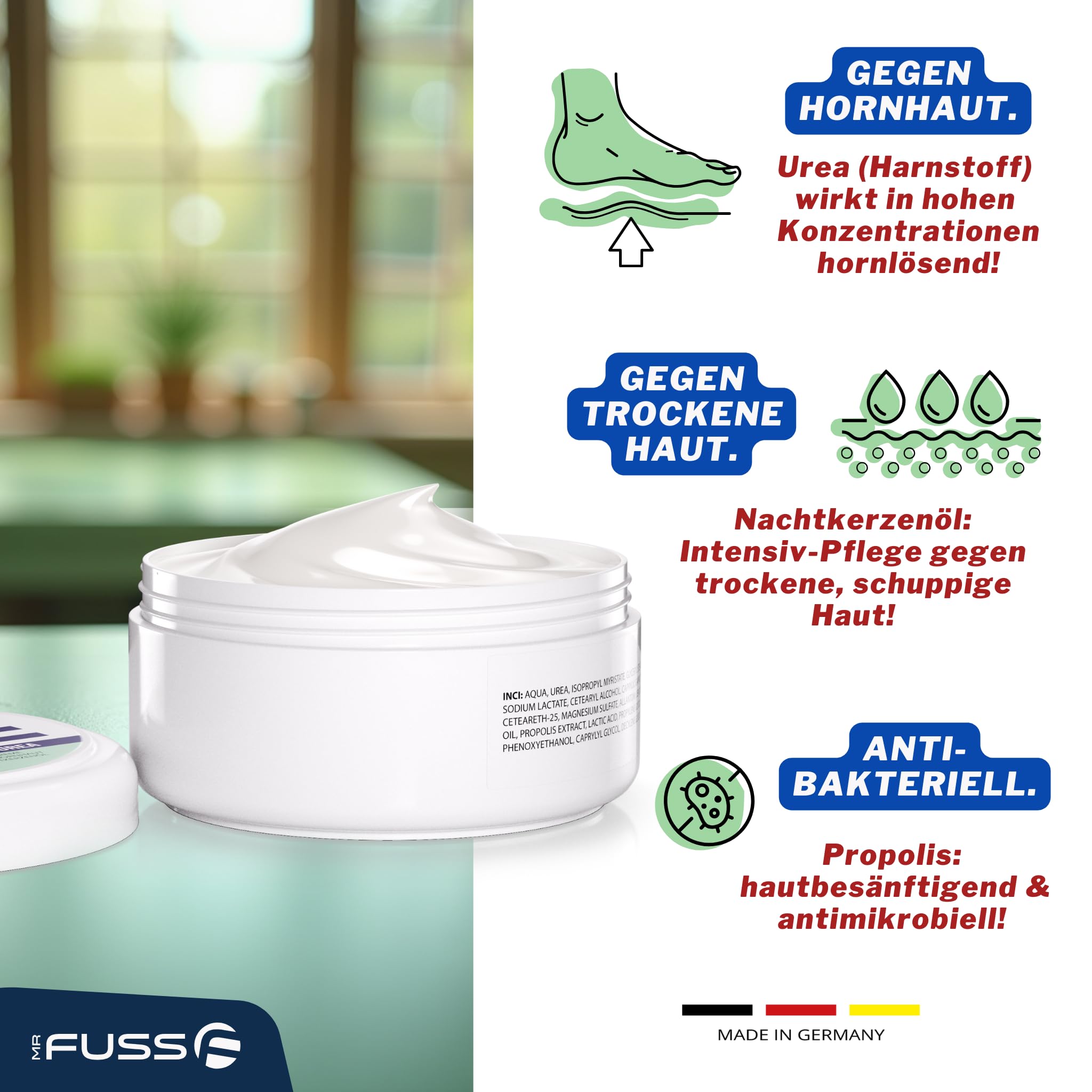 Mr. Fuss Krem do usuwania rogowacenia z mocznikiem 30% | Krem do stóp do usuwania rogowacenia | Pielęgnacja skóry stóp | Maść do popękanych pięt stóp | Z olejem z nagietka, gliceryną i propolisem