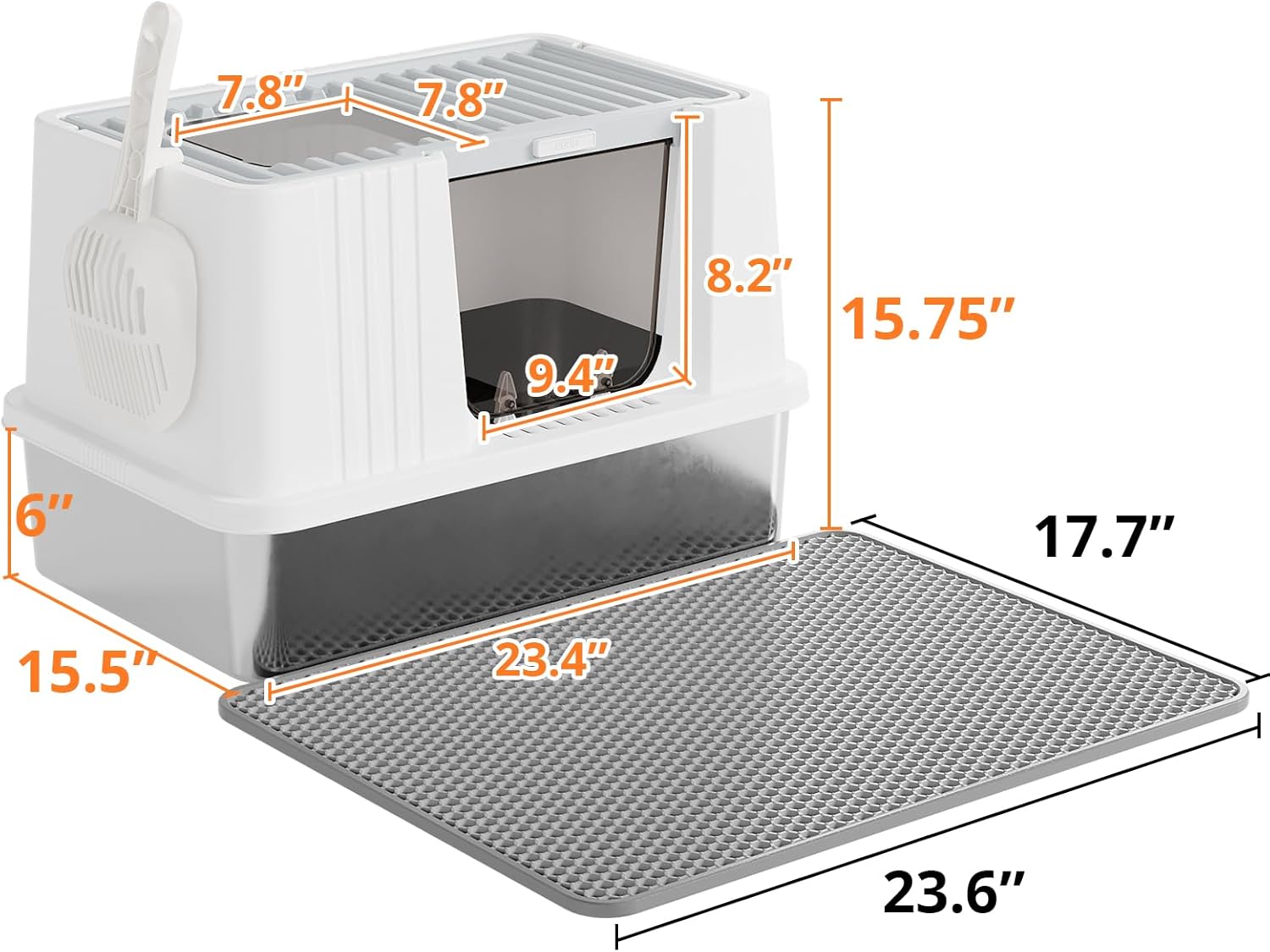 Oneluck Stainless Steel Cat Litter Box with Enclosed Lid, Front Entry & Top Exit, Odor Control Anti-Leakage Kitty Litter Pan for Small Medium Cats, Easy Clean Assemble (White)