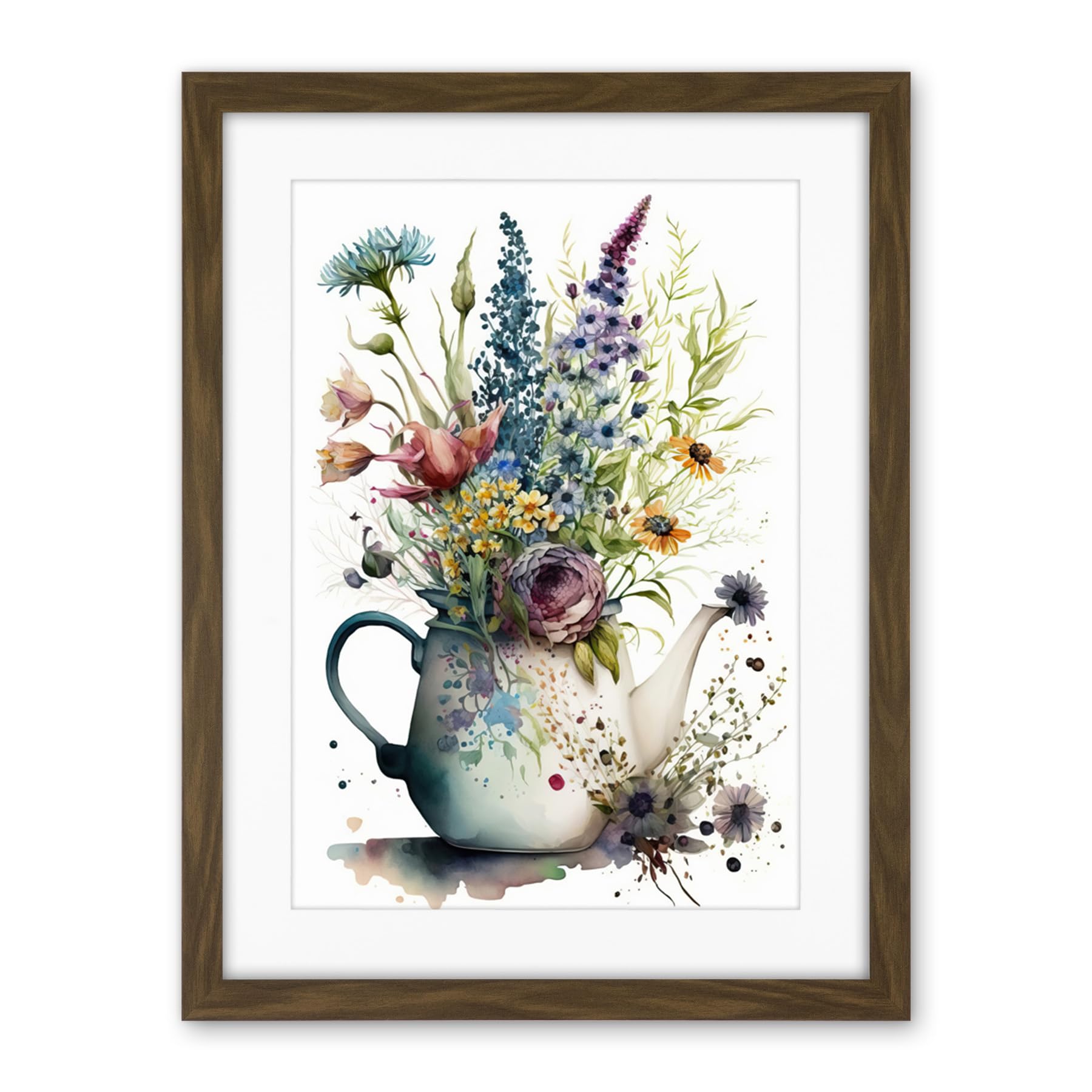 Artery8 Spring Wildflower Floral Bouquet in a Teapot Vase Artwork Framed Wall Art Print 18X24 Inch