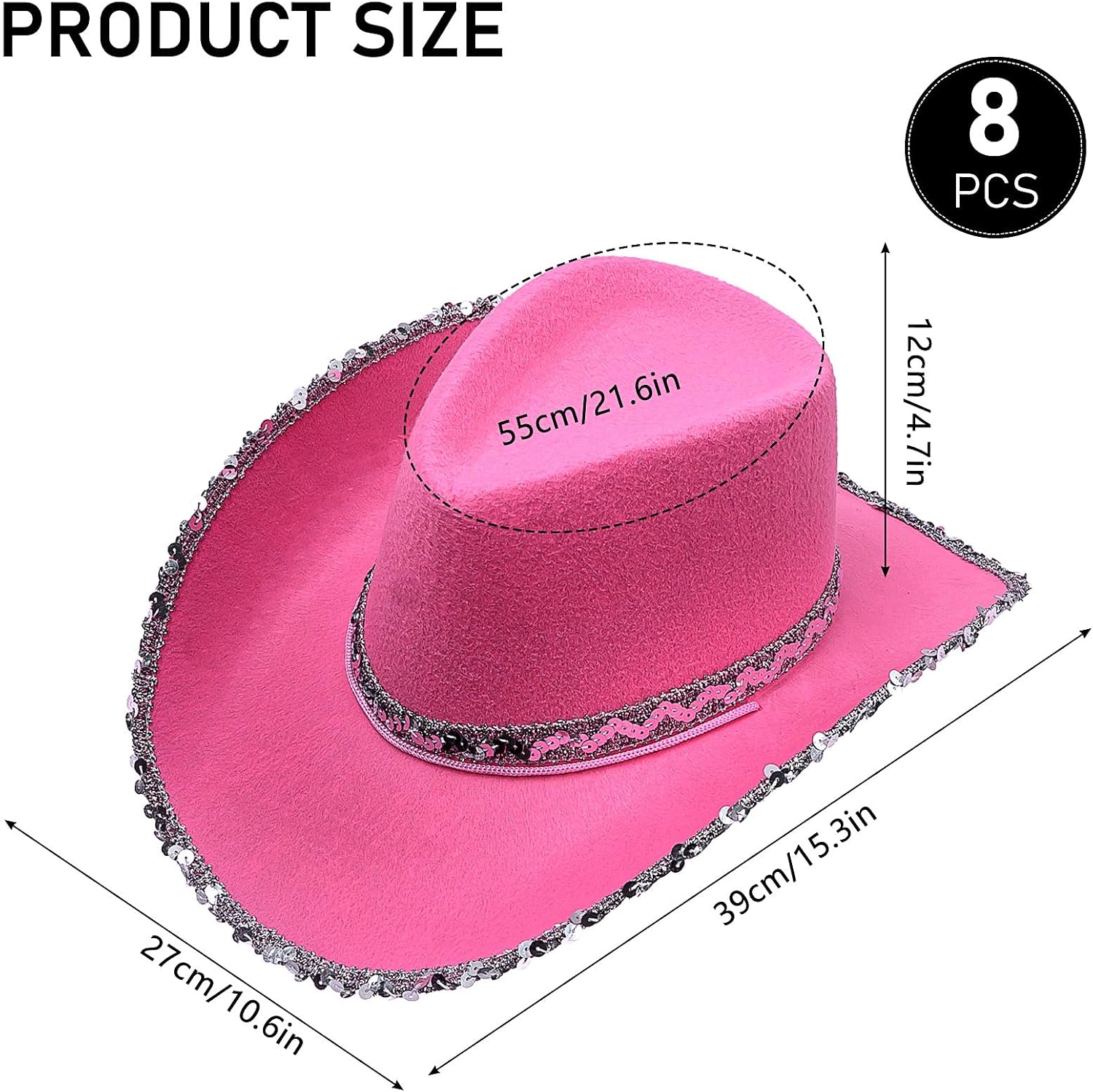 8 Pack Western Cowboy Hats Sequin Cowboy Hat Sparkly Cowgirl Party Hats for Adults Women Men Fancy Dress Accessory,Rose Pink