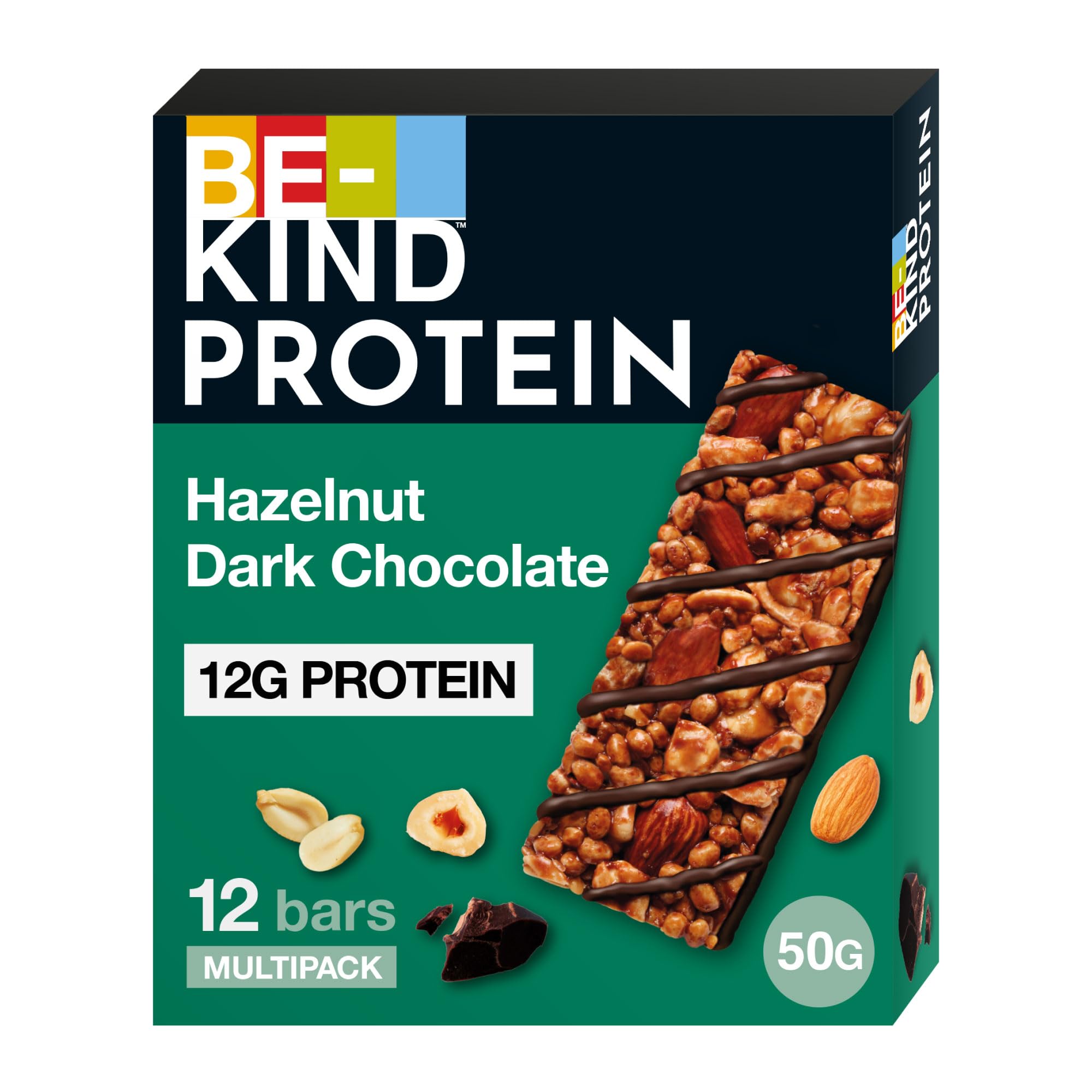 BE-KIND Hazelnut Dark Chocolate Pack of 12x50g Protein Bar,12g Plant Protein Tasty Protein Bars,Gluten Free Snacks,High Fibre,No Artificial Preservatives,No Artificial Colors, No Artificial Flavours