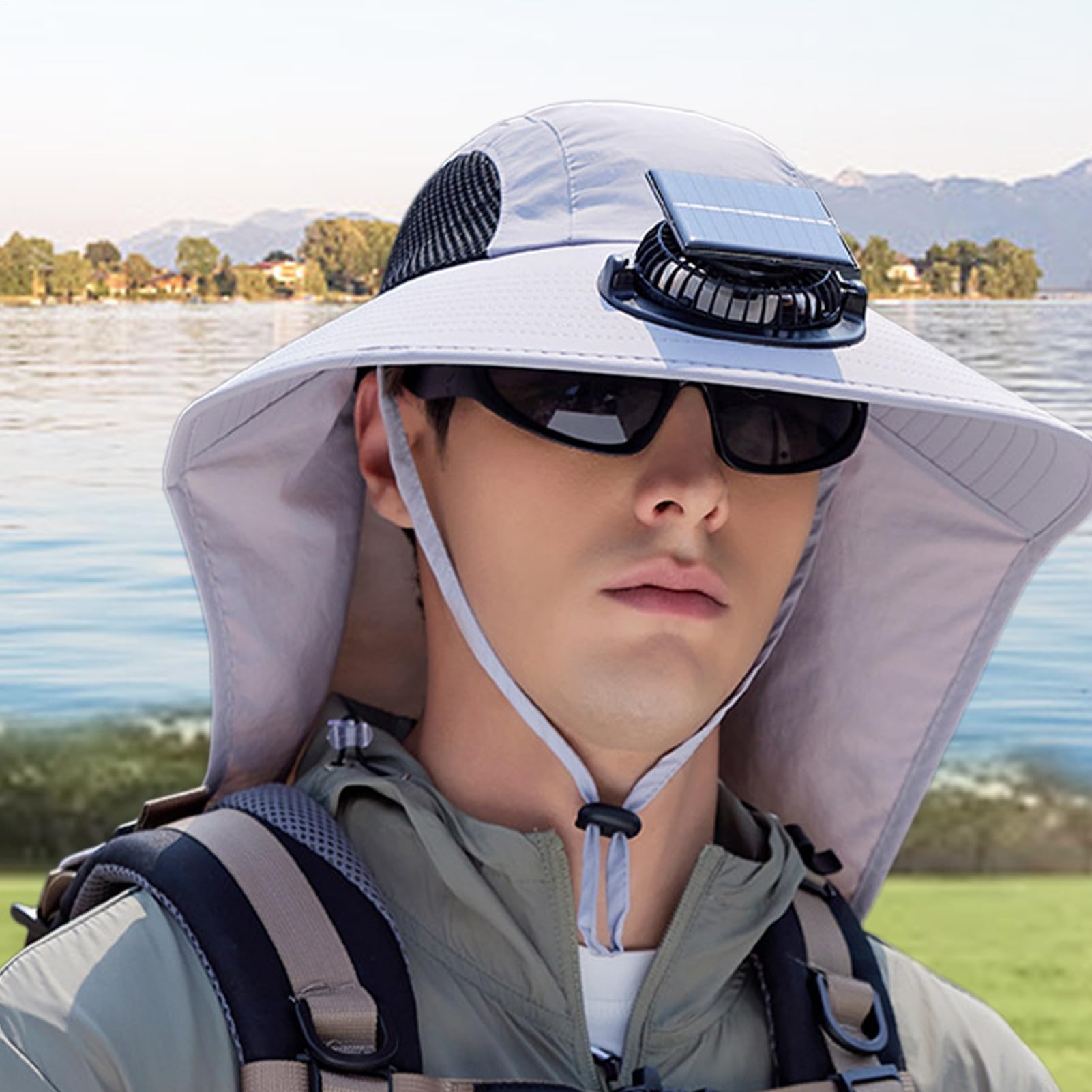 Sombrero Solar con Ventilador - con Ventiladores Alimentados por Energía Solar - Accesorio Impermeable con Protección contra los Rayos UV y ala Ancha para Senderismo, Pesca, Accesorios de Viaje,