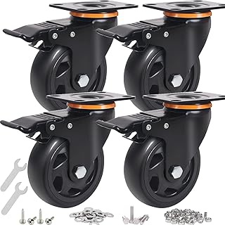 Casters, 4 Inch Swivel Caster Wheels, Casters Set of 4 Heavy Duty with Brake, Premium No Noise Wheels, Safety Dual Locking Plate Casters Total Capacity 2200lbs (Free Bolts and Nuts and Spanner)