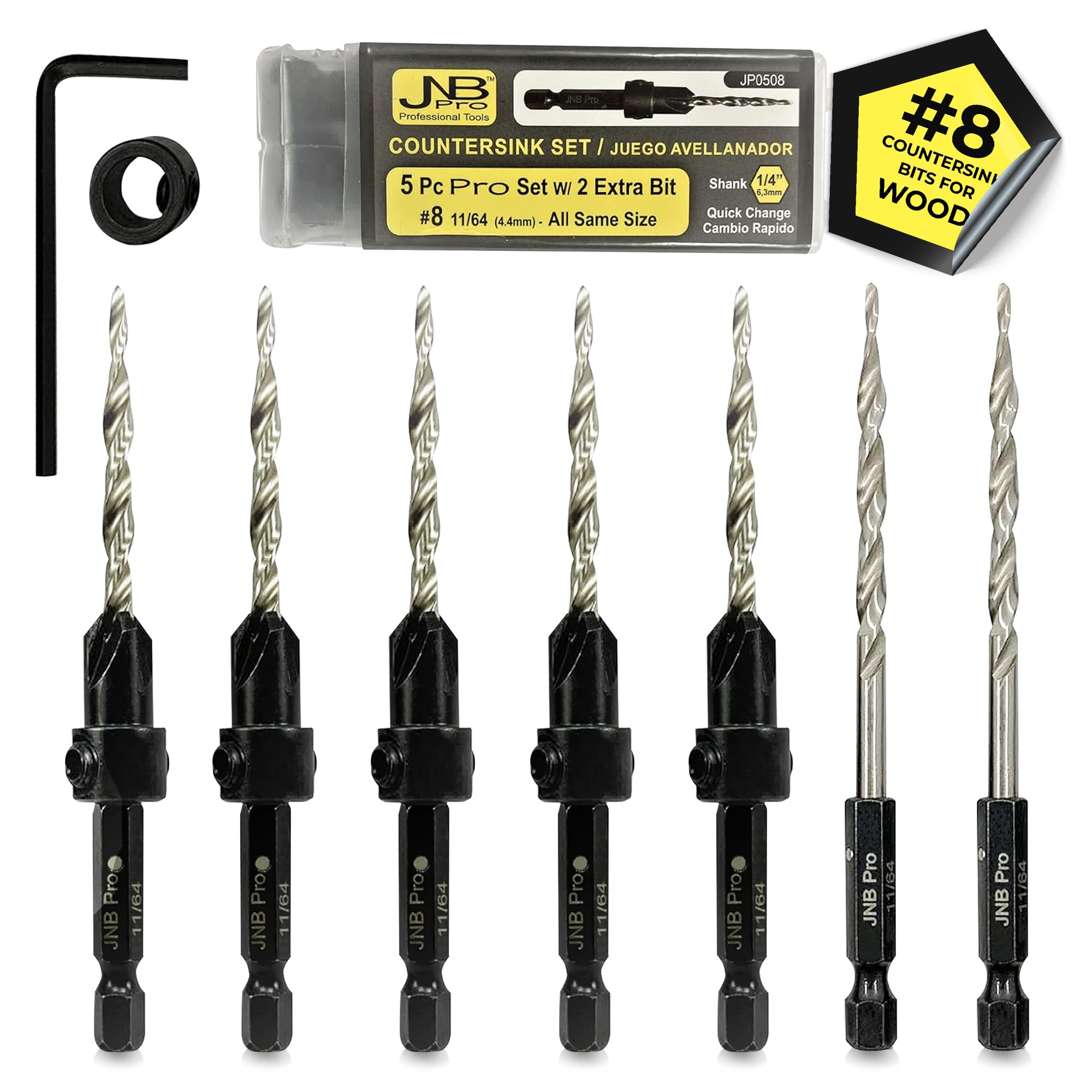 Juego de brocas avellanadas para carpintería, juego de agujeros piloto de tornillo de madera #8, 5 piezas de 4 flautas M2 HSS, cambio hexagonal de 1/4 pulgadas, collar de profundidad incluye 2