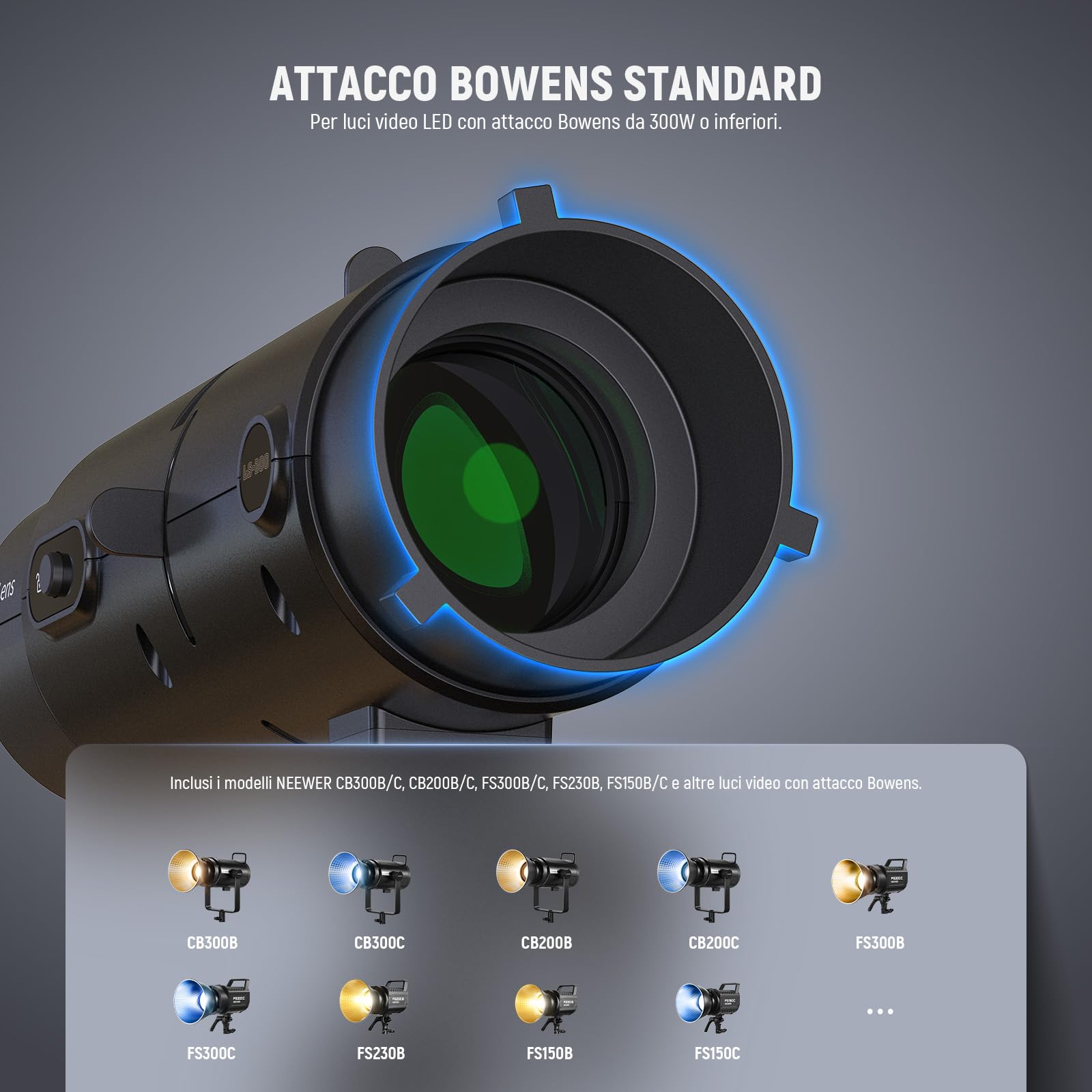 NEEWER LS-300 Snoot Ottico Spotlight per Luci Video LED Bowens da 300W con 16x Gobo Lente di Proiezione 19° Trasmissione Luce al 98% Forma Geometrica per Fotografia Creativa e Illuminazione Migliorata