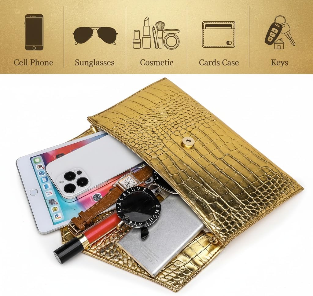 SharPlus Gold Clutch Purses Handbag for Women, Metallic Vegan Leather Envelope Crossbody Shoulder Evening Bag for Formal Dressy, Wedding, Party - Image 4