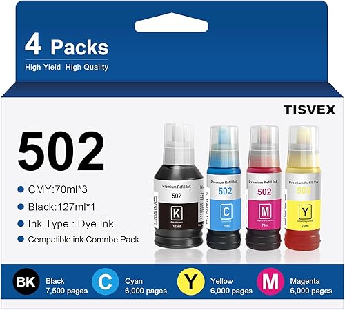 502 botellas de repuesto de tinta 4 colores (negro, cian, magenta, amarillo) compatibles con impresoras Epson ET y ST Series