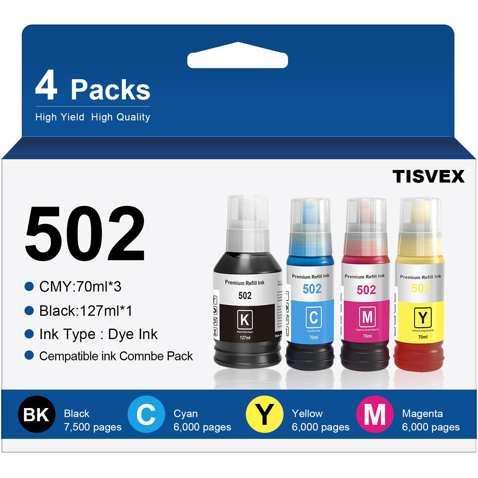 502 Ink Refill Bottles 4 Color Set (Black, Cyan, Magenta, Yellow) Compatible for Epson ET and ST Series Printers