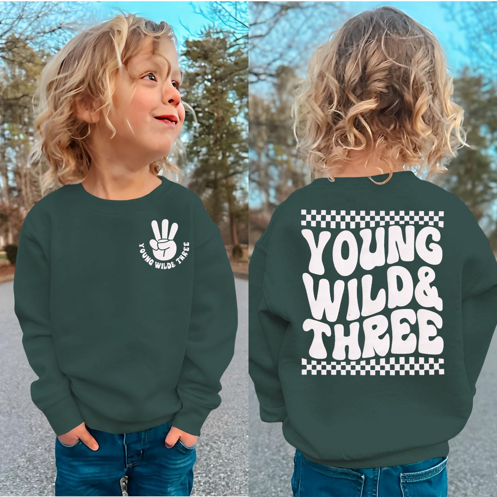 BOUTIKOME 3. Geburtstag Jungen Sweatshirt Young WILD&Three Drucken Pullover Geschwister Kinder Langarmshirt Baby Outfits Dritten Geburtstags Pulli Herbst Winter Babykleidung