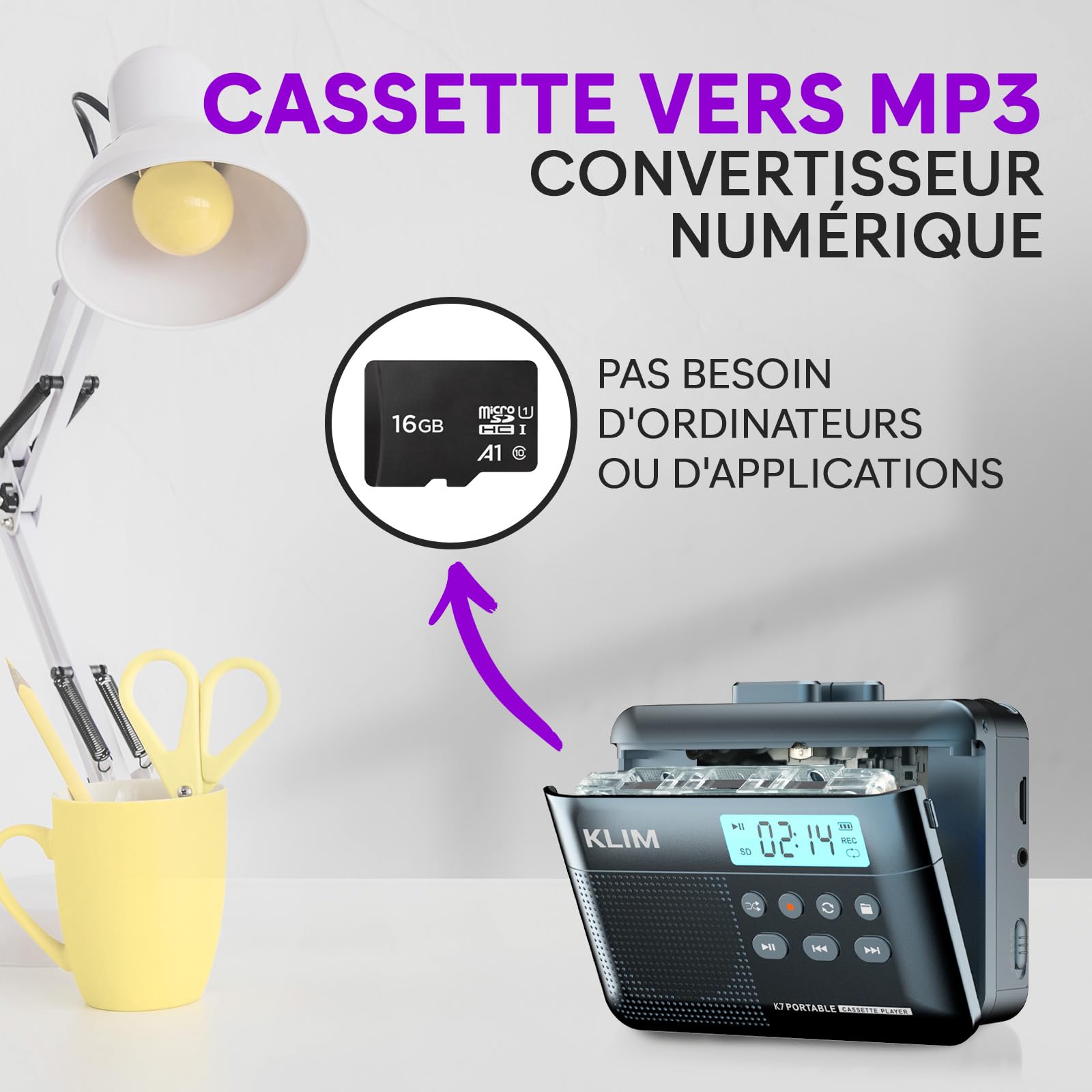 Cassette Player KLIM K7 - Lecteur Cassette Audio - Convertisseur Audio en MP3 - Microphone et Haut-Parleur intégrés - Batterie Rechargeable - Ecouteurs - Carte SD 16GB - Bleu