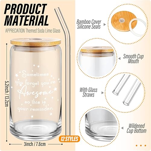 Miniatura 2 de Nuanchu Paquete de 12 vasos de vidrio a granel con tapas y pajitas de bambú, regalos de agradecimiento para compañeros de trabajo, profesores,