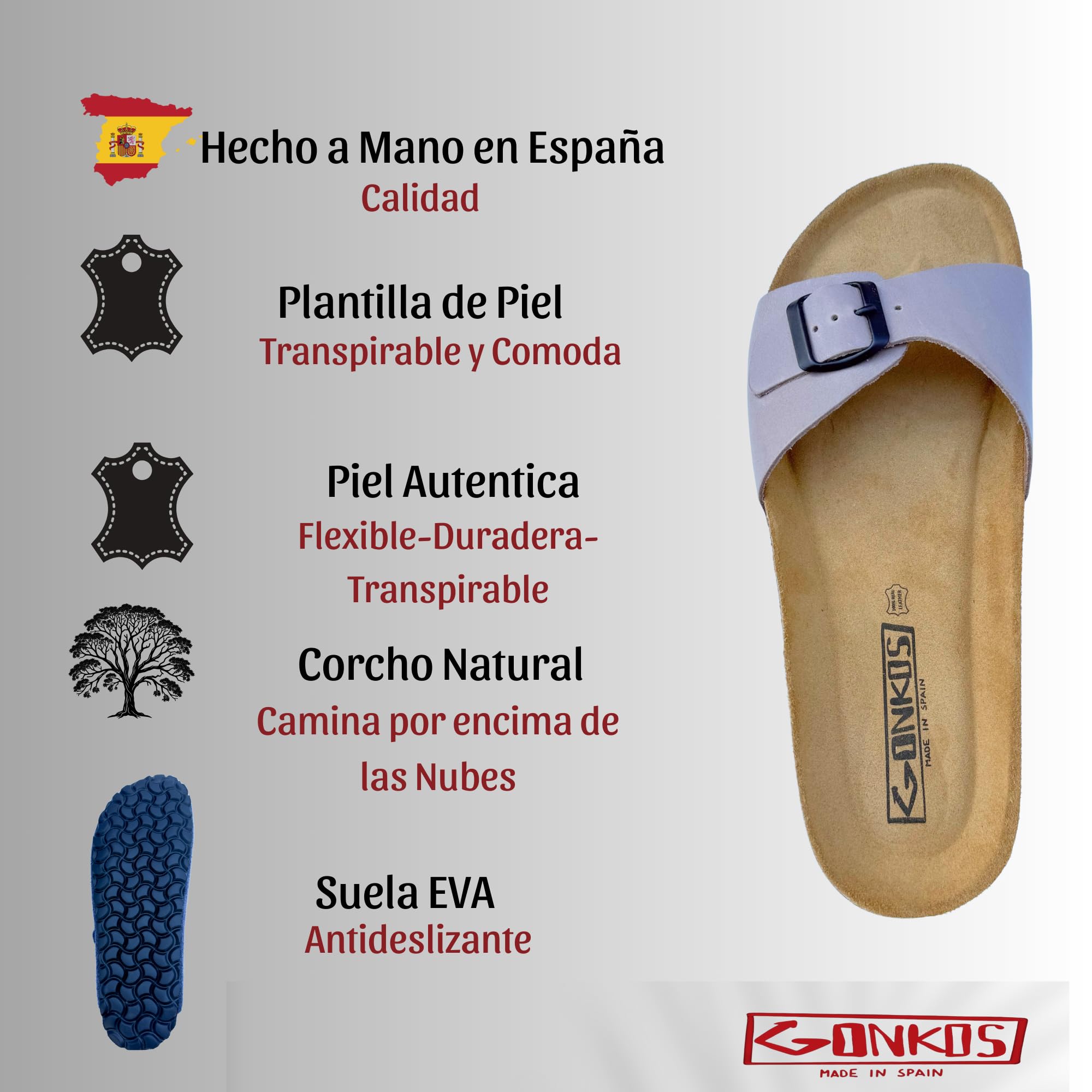 Sandalias de Piel con Plantilla de Corcho, Piel Autentica, Corcho Natural, Hebilla ajustables, Sandalias de Pala para Mujer, Suela antideslizante EVA, Calidad Hechas en España