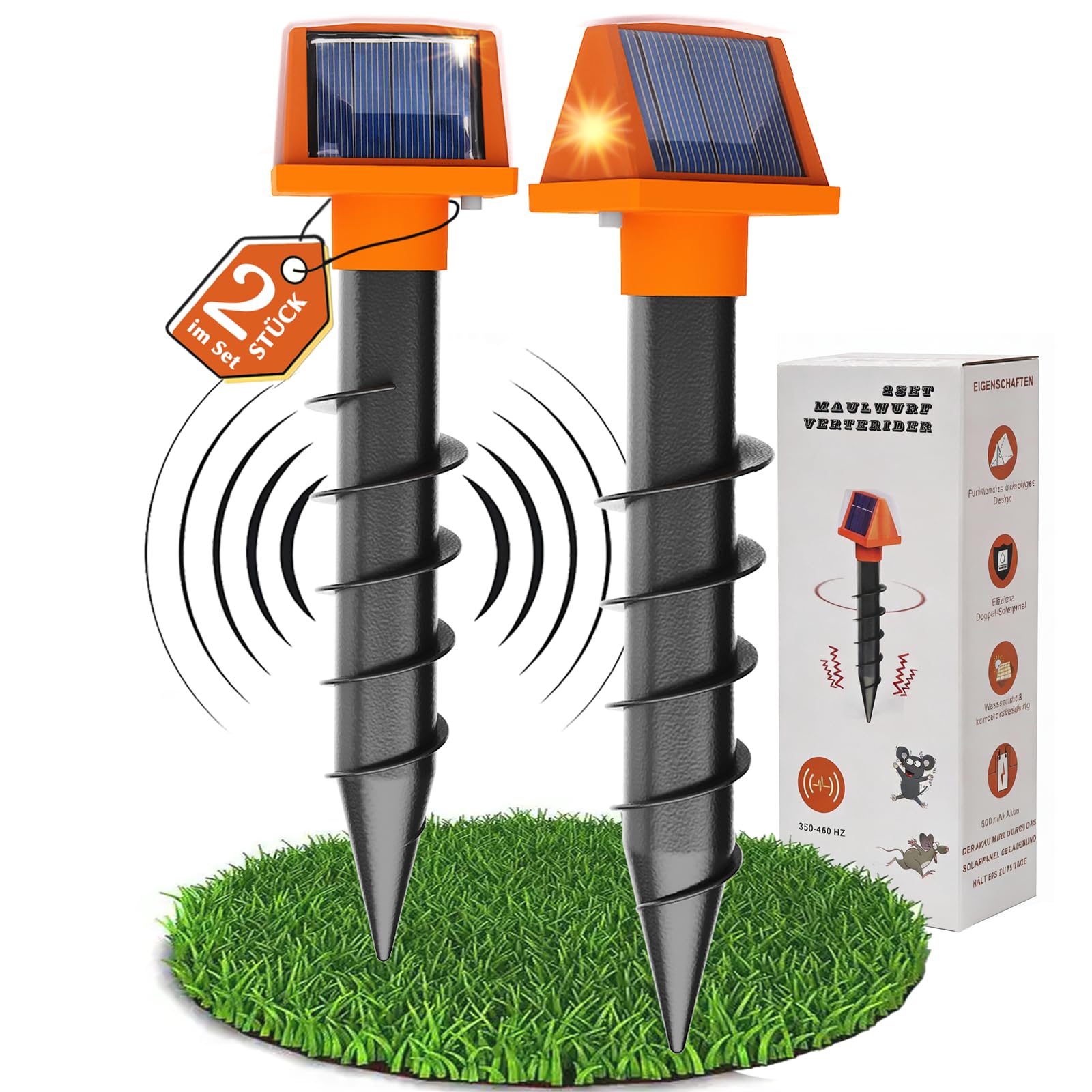 Maulwurf Vertreiber 2 Stück Maulwurfschreck Dual-Solar Maulwurfabwehr für Garten Wühlmausschreck IP54 Wasserdicht gegen Wühlmaus & Maulwurf