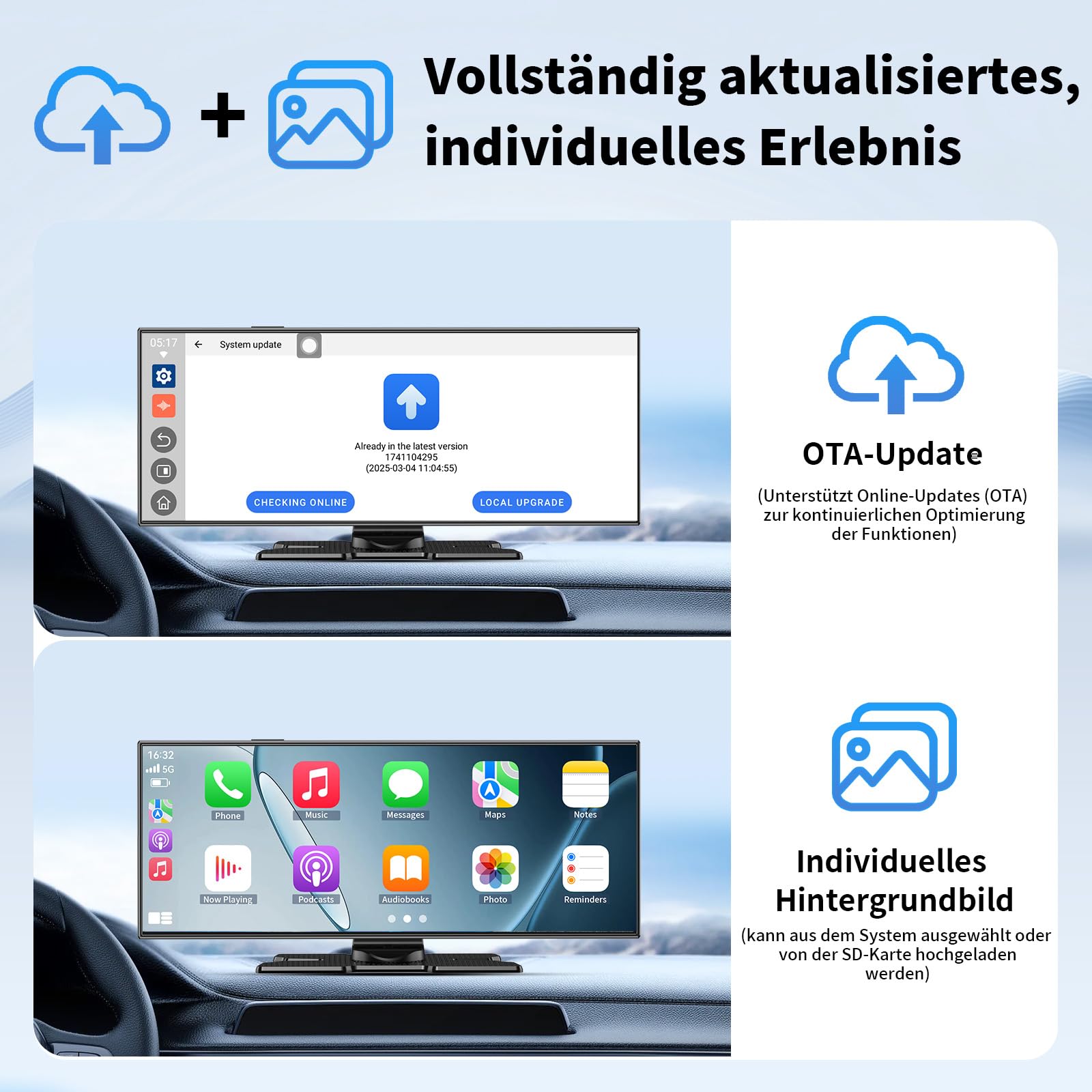 2026 Neuestes 11,5 Zoll für Apple Carplay Display Android Auto Display: Car Play mit GPS Navigation OTA-Updates Net-Flix YouTube Rückfahrkamera Bluetooth 5.0 Sprachsteuerung IPS Touchscreen AUX FM