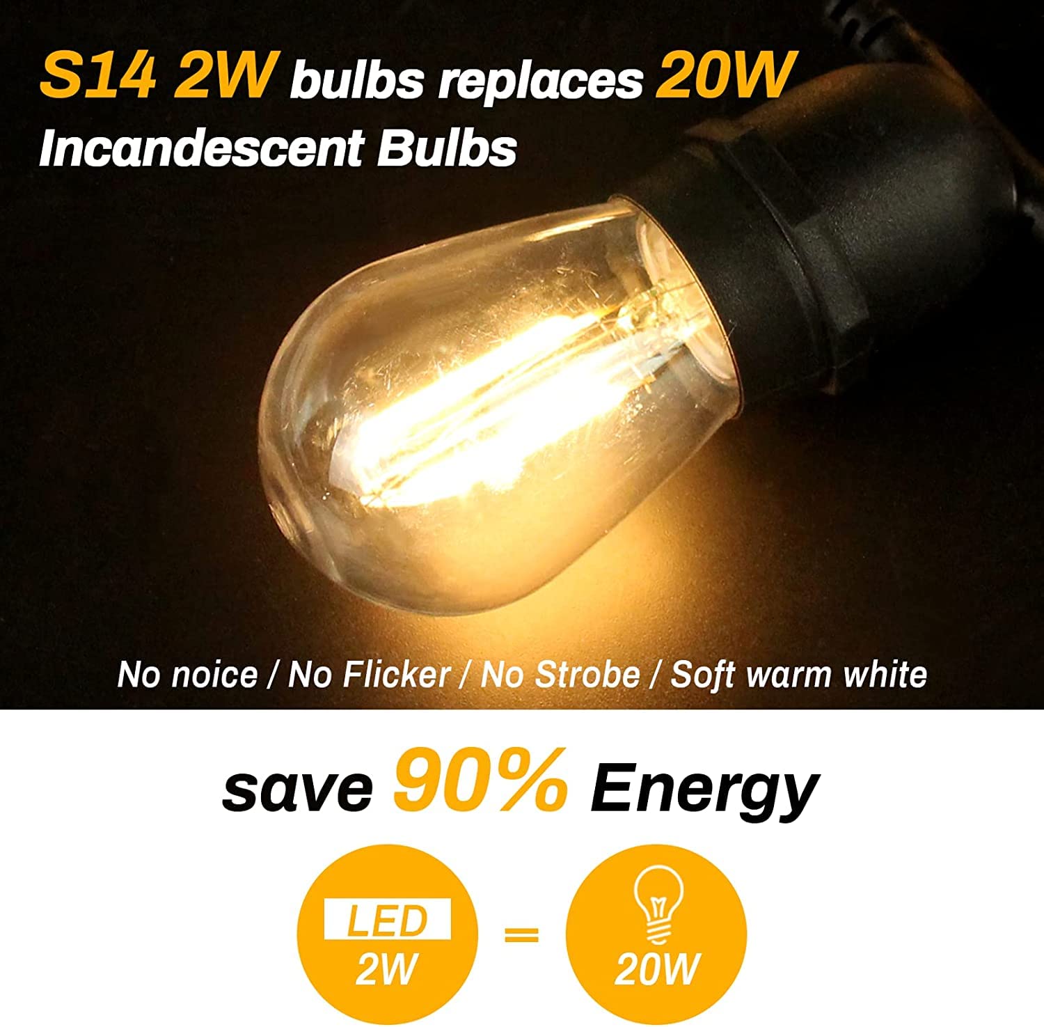 BRIMAX 25 sztuk Żarówka Led 2200K Ciepła biel E27 2W Edison Żarówka 2W = 20 W 230 V S14 Lampa Led Przezroczyste szkło Wymiana żarówek do łańcuchów świetlnych Oświetlenie wewnętrzne i zewnętrzne