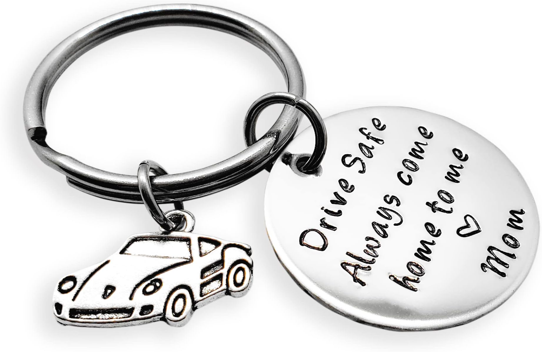 Drive Safe Keychain with Car Charm, Always Come Home to Me, Handstamp, New Driver Gift, Be Safe Gift