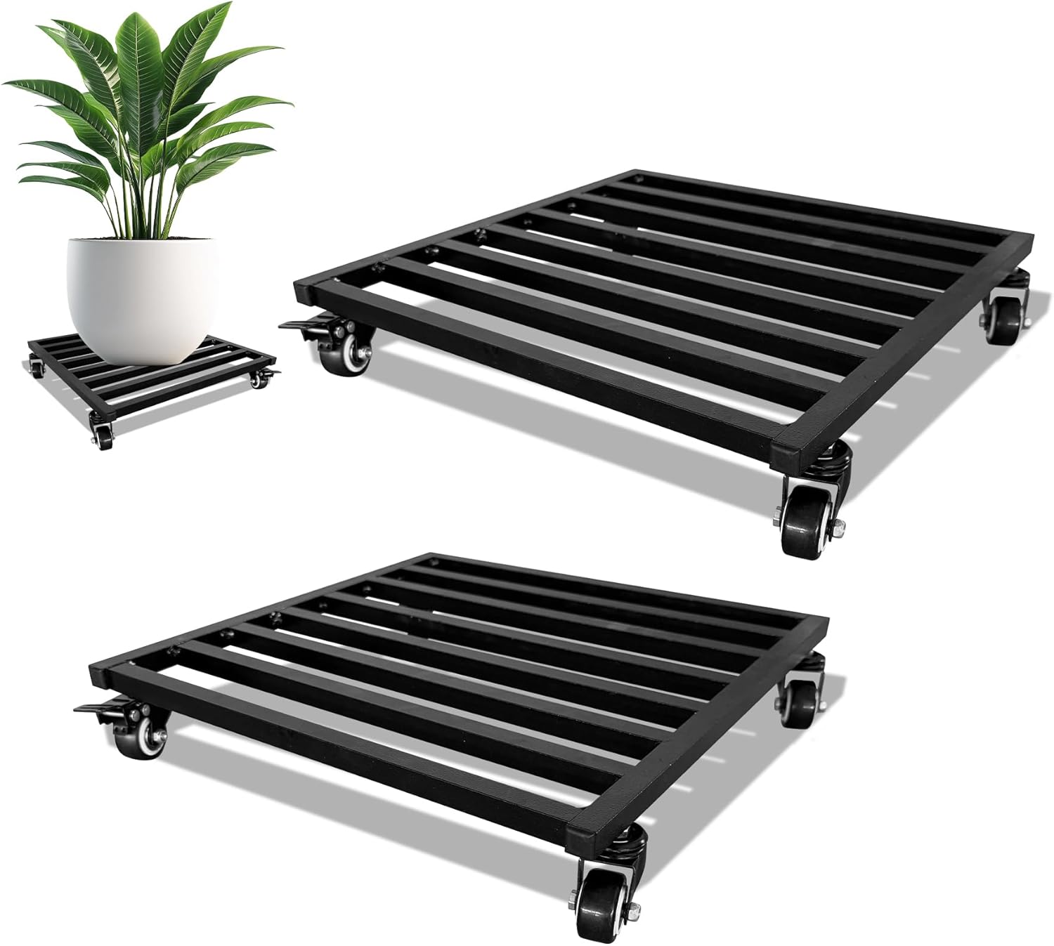 Plant Caddy with Wheels 16'' 2 Pack Metal Rolling Plant Stand Plant Dolly with Lockable Casters Aluminium Heavy Duty Pot Mover Rollers Indoor Outdoor Planter Trolley Holds up 440 Lbs Planter Black