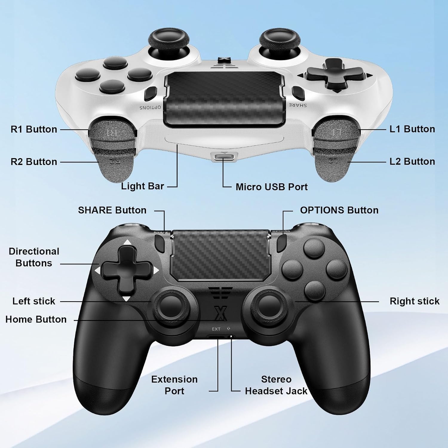 Hycago 2PCS Manette sans pour PS-4, manette de jeu compatible avec PS-4/Slim/Pro, manette de jeu Bluetooth avec double vibration/écran tactile, capteur gyroscopique à 6 axes (Noir+Blanc)