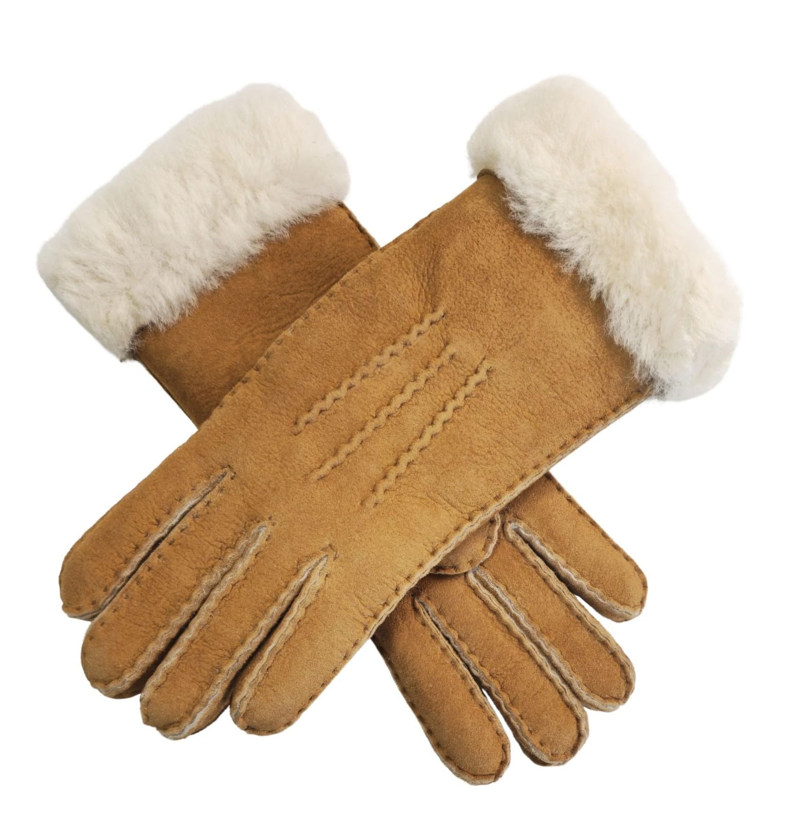 Infinity Leather Womens Tan Sheepskin Suede Gloves with Fur Cuff